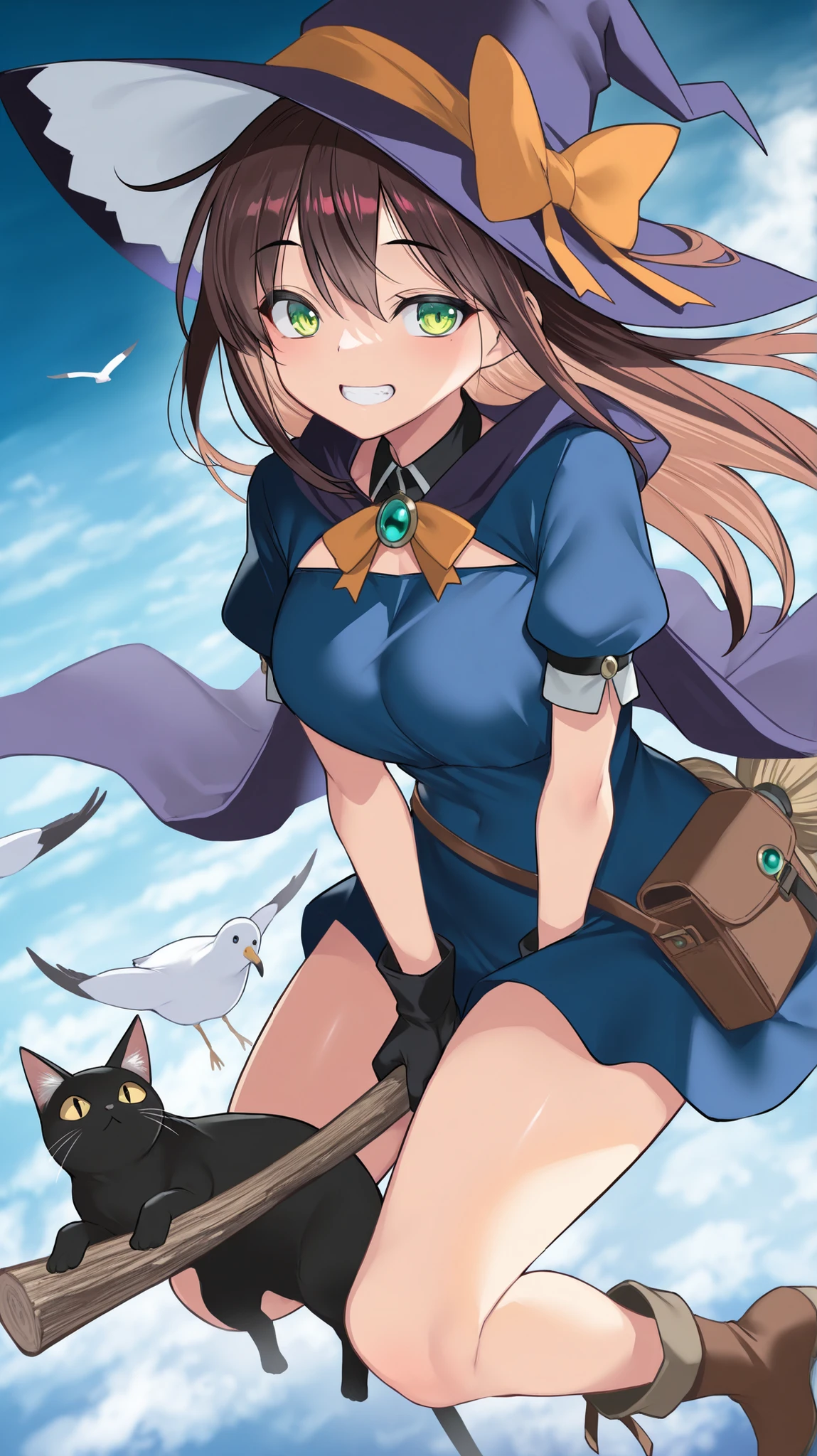 (takemori shintarou:1.16), (harada takehito:1.16), (cool-kyou shinja:1.16), kojima takeshi, (taketora suzume:1.05), (takeuchi takashi:0.90), (lambda \(Kusowarota\):0.90), (cle masahiro:0.86), year 2022,
Detail enhancement,(deformed10.8),(negative space:1.4),((is of amazing quality, Very Beautiful, absurdres, newest)),
1girl ,black Cat on ,above_ cloud s, animal_collar, Aqua_ribbon ,bag, belt ,belt_pouch ,bird ,black_Cat ,blue_dress ,blue_sky, boots ,Brooch, broom ,broom_riding,brown_bag, brown_boots, brown_hair, cape ,Cat , cloud , cloud y_sky ,collar, dress, flock ,flying ,full_body, green _eyes ,grin ,hat ,hat_ribbon ,high_up, holding, holding_broom, holding_unworn_clothes, holding_unworn_hat, jewelry, long_hair, Looking_at_viewer, outdoors ,pouch ,puffy_short_sleeve,s puffy_sleeves ,purple_cape, ribbon seagull ,short_sleeves, sky, smile, Alone, teeth, too_many too_many_birds, unworn_hat ,unworn_headwear, upper_teeth_Only, witch, witch_hat,