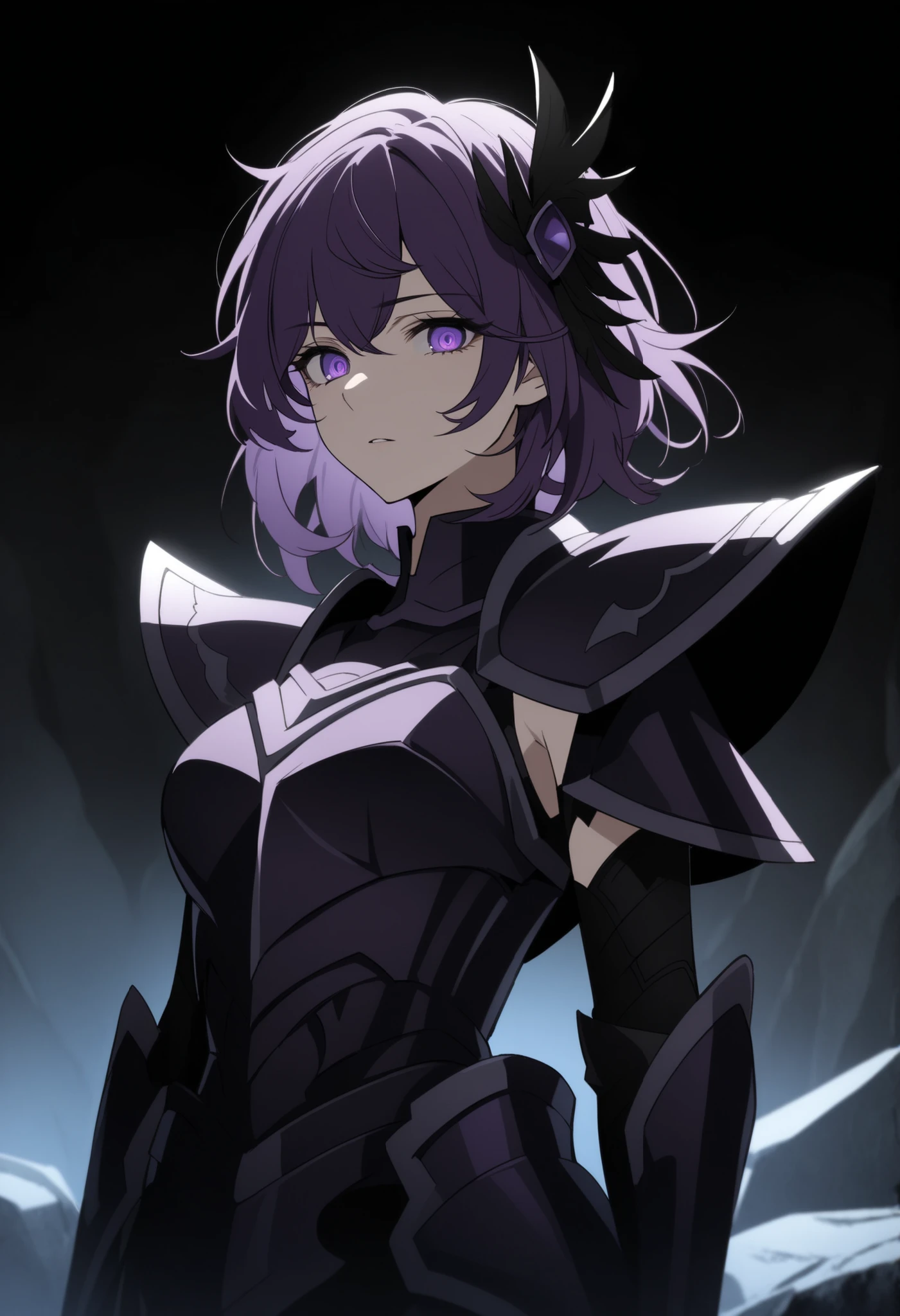 (high-quality, breathtaking),(expressive eyes, perfect face) Symmetrical Eyes, 1girl, female, solo, adult, looking at viewer, black background, soft eerie blue lighting background, rock terrain background, Dark Purple Armor, trim, full plate armor, half body shot, solo, black armor, Specter, Dark Knights, y0z0r1h4, purple hair, purple eyes, hair ornament, bangs, medium breasts,