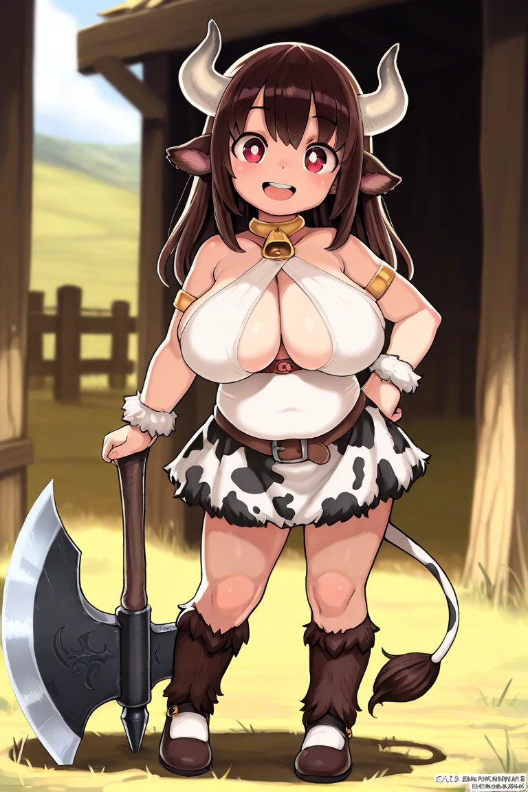 anime screencap, farm, outdoors, 1girl, cow girl, cow horns, cow tail, muscular female, cow ears, cowbell, overalls, neck bell, solo,  (dark-skinned female:1.3), animal print, dark hair, light skin, sitting, seiza, full body, hair between eyes, brown eyes, large breasts, looking at viewer, torn clothes, short hair, cleavage, brown hair, monster girl, (hooves:1.2), own hands together, black hair, long hair, soft smile, curvy, wide hips, confident smile