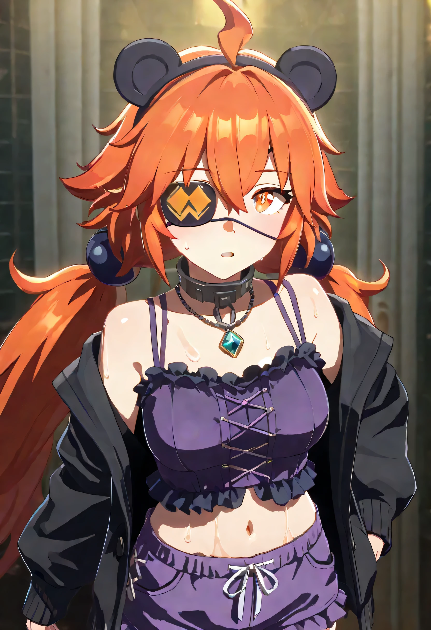 masterpiece, best quality, absurd, latest, high resolution, official art, screenshot, anime screenshot, anime coloring, masterpiece,best quality,absurdres,newest,highres, official art, detailed eyes,anime eyes,high detail eyes,multicolored iris,detailed iris,anime style ummsmingame, 3d 1girlkoleda, orange eyes, eyepatch, orange hair, ahoge, long hair, two-side up, low twintails, black bobbles, hair bobbles, fake animal ears, metal collar, large breasts, 3d, hiny skin, wet body, wet clothes, shiny oiled skin, sweat,shiny hair, <lora:yakushim4ulpo_deomeamu_5ld_asu6mg24:0.8>,  purple camisole,frilled camisole, purple shorts,short shorts,frilled shorts ,  jewelry, necklace, pendant, lace trim, lace, cross-laced clothes, spaghetti strap,midriff, bare shoulders,off shoulder,  open jacket,black jacket, open cardigan,black cardigan, puffy sleeves,puffy long sleeves, open clothes,long sleeves,sleeves past wrists,