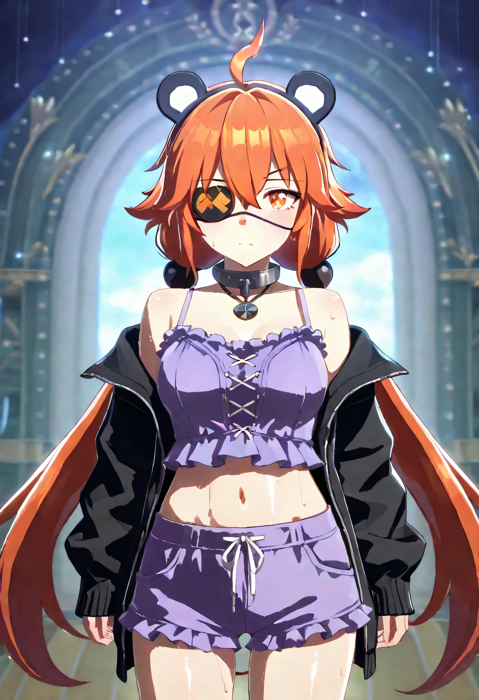 masterpiece, best quality, absurd, latest, high resolution, official art, screenshot, anime screenshot, anime coloring, masterpiece,best quality,absurdres,newest,highres, official art, detailed eyes,anime eyes,high detail eyes,multicolored iris,detailed iris,anime style ummsmingame, 3d 1girlkoleda, orange eyes, eyepatch, orange hair, ahoge, long hair, two-side up, low twintails, black bobbles, hair bobbles, fake animal ears, metal collar, large breasts, 3d, hiny skin, wet body, wet clothes, shiny oiled skin, sweat,shiny hair, <lora:yakushim4ulpo_deomeamu_5ld_asu6mg24:0.8>,  purple camisole,frilled camisole, purple shorts,short shorts,frilled shorts ,  jewelry, necklace, pendant, lace trim, lace, cross-laced clothes, spaghetti strap,midriff, bare shoulders,off shoulder,  open jacket,black jacket, open cardigan,black cardigan, puffy sleeves,puffy long sleeves, open clothes,long sleeves,sleeves past wrists,