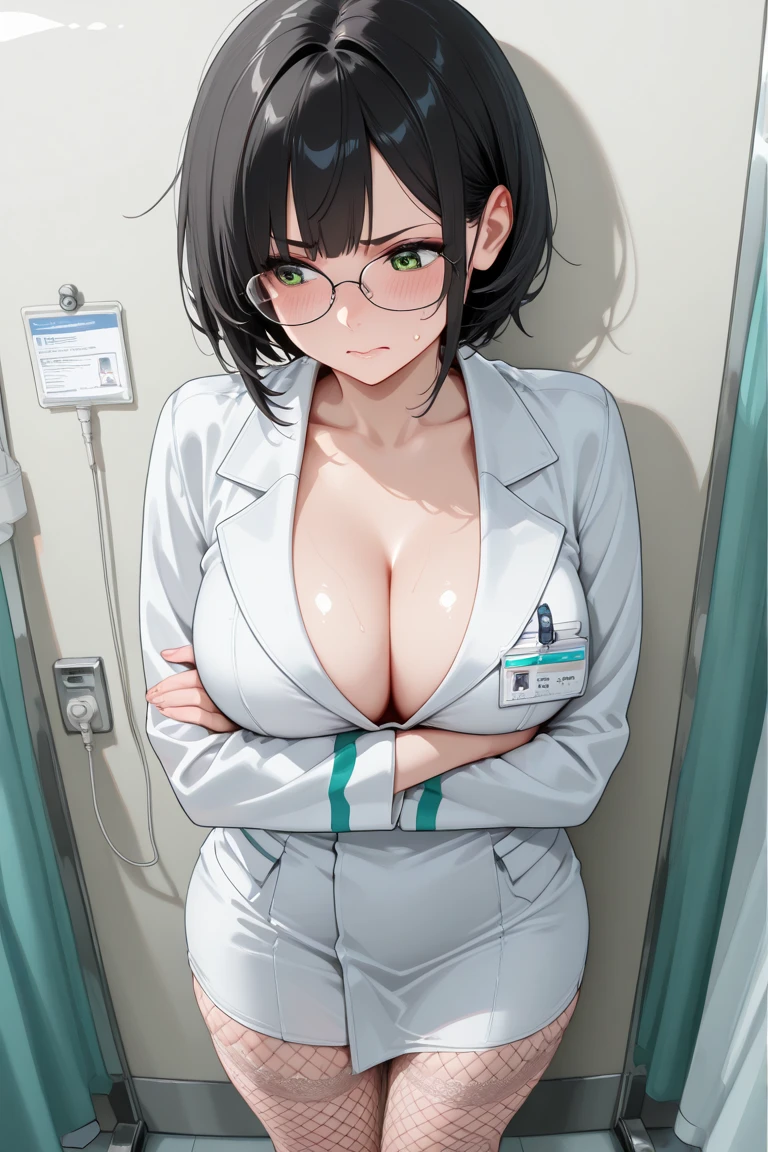 ((Masterpiece, hiquality, absurdress) 1Woman, black hair, curly hair, Afro-curly hair, Green eyes, a perfect face, the perfect body, big breastes, short stature, very dark skin, Hindu woman, 独奏, ((Best Quality)), ((Masterpiece)), (Detailed:1.4), Detailed eyes and face, white robe, Medical Uniform, Doctor's costume, medical doctor, hospital, night shift, emergency room doctor