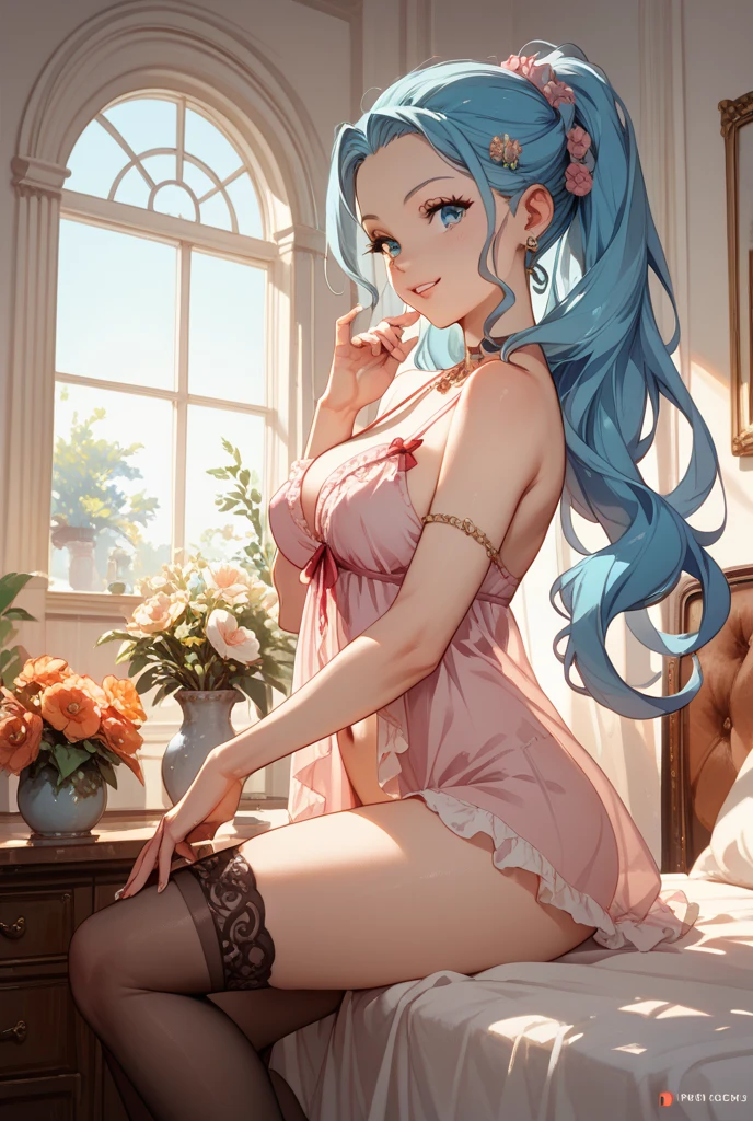 Light blue hair, Turquoise Eyes, Long eyelashes, Soft lips, Big Red Lips, Apricot-colored eyes, beauty, Girlish, Curly Hair, Wearing a silk dress, Princess
