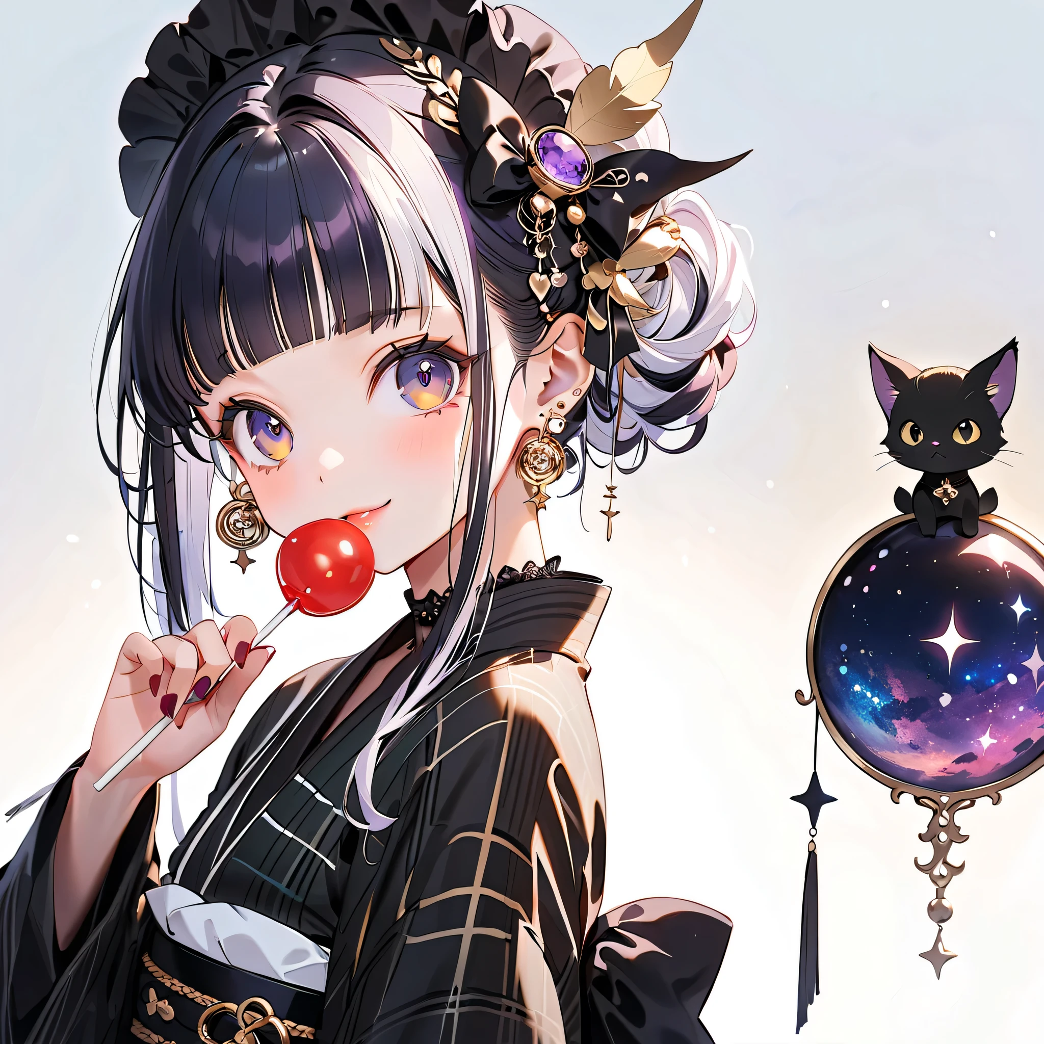 Front face facing the viewer、the cutest girl in the world、1girl,pretty face、Idol、Babyface、big eyes、Smile Yan、(((top quality、最高masterpiece、Super Detailed、High precision in selection、CG、winning work)))、(masterpiece,top quality),(((white goth spank、cute gothic kimono remake with a goth lolli and kimono、yellow purple goth kimono、Burberry plaid costume))),(Ruffles on the collar )、(Long sleeves、I'm wearing a 、Ruffles on the cuffs)、(首にフリルとstarのチョーカー)、(small silk hat with a slight angle on the head)、(Shoulders are exposed)、(((milky white and blue gradation hair color、 Unique and cute hairstyle 、Blunt bangs、)))、(starの妖精、small translucent fairy feathers growing from the waist)、(star、Space、Milky Way、流star群)、(Diamonds、glitter)、(Mevius ring earrings)、