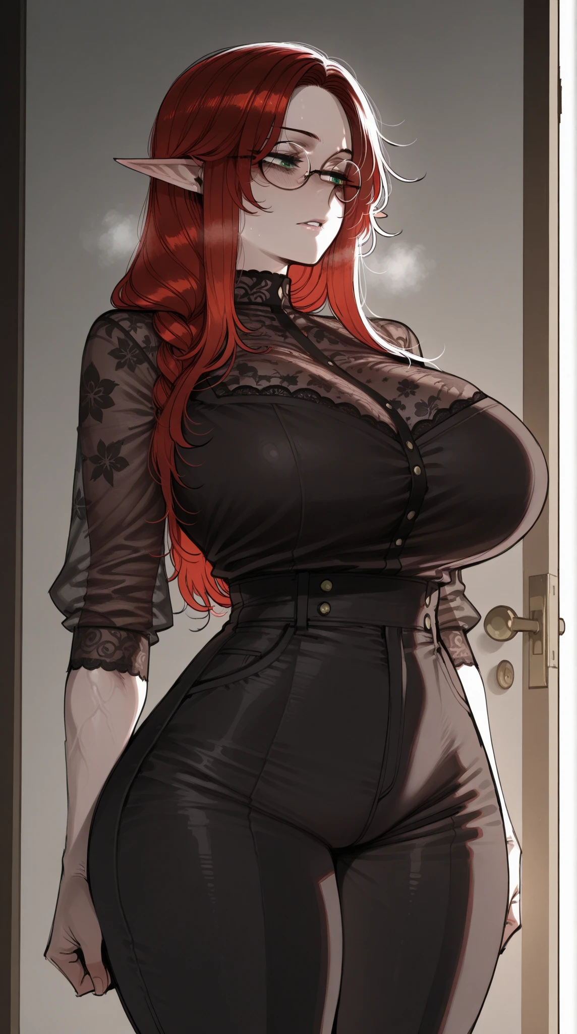 (extremely detailed CG unit 8k wallpaper, masterpiece, best quality, ultra-detailed), (best lighting, best shadow),A ginger woman, with a little bit curly hair, starting besid a window, wearing a 👙that reveals her nipples.