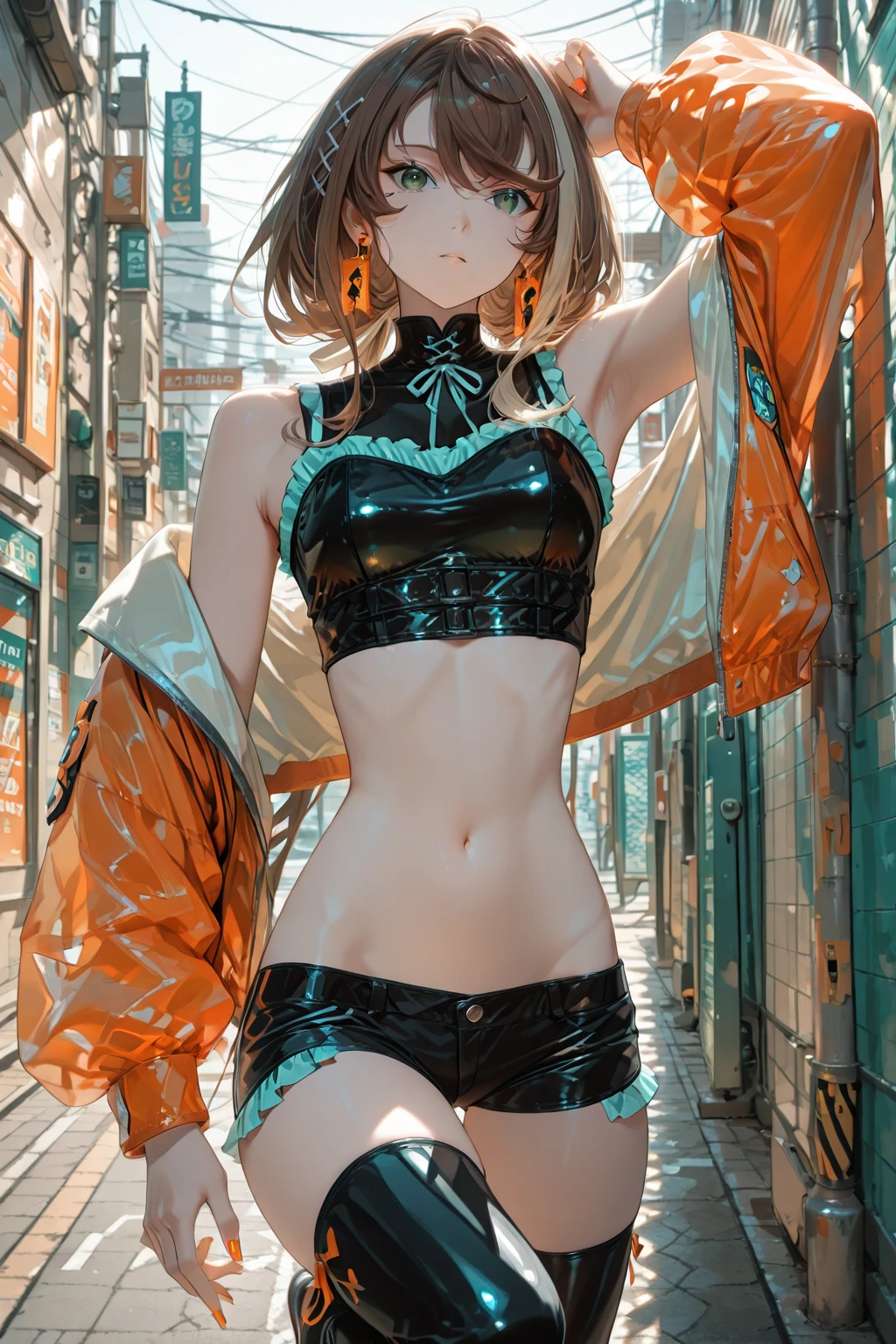 (masterpiece, best quality), 1girl, <lora:Elesa_Pokemon:0.8> elesa (pokemon), blonde hair, short hair, blunt bangs, bare arms, black pantyhose, headphones, cables, pokemon bw, choker, black and yellow dress, short dress, clothing cutout, navel cutout,,