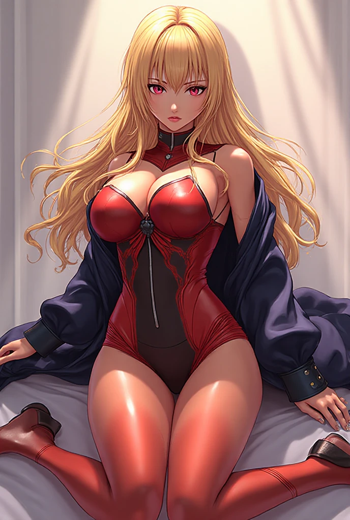 masterpiece, ultra high quality CG, best quality, perfect picture, solo, lidia sobieska (tekken, blonde hair with high ponytail, blue eyes, red hairbow, strong), wearing a sexy karate outfit, sitting on the bed, looking sideways, blushing, shoulders showing, in a European mansion