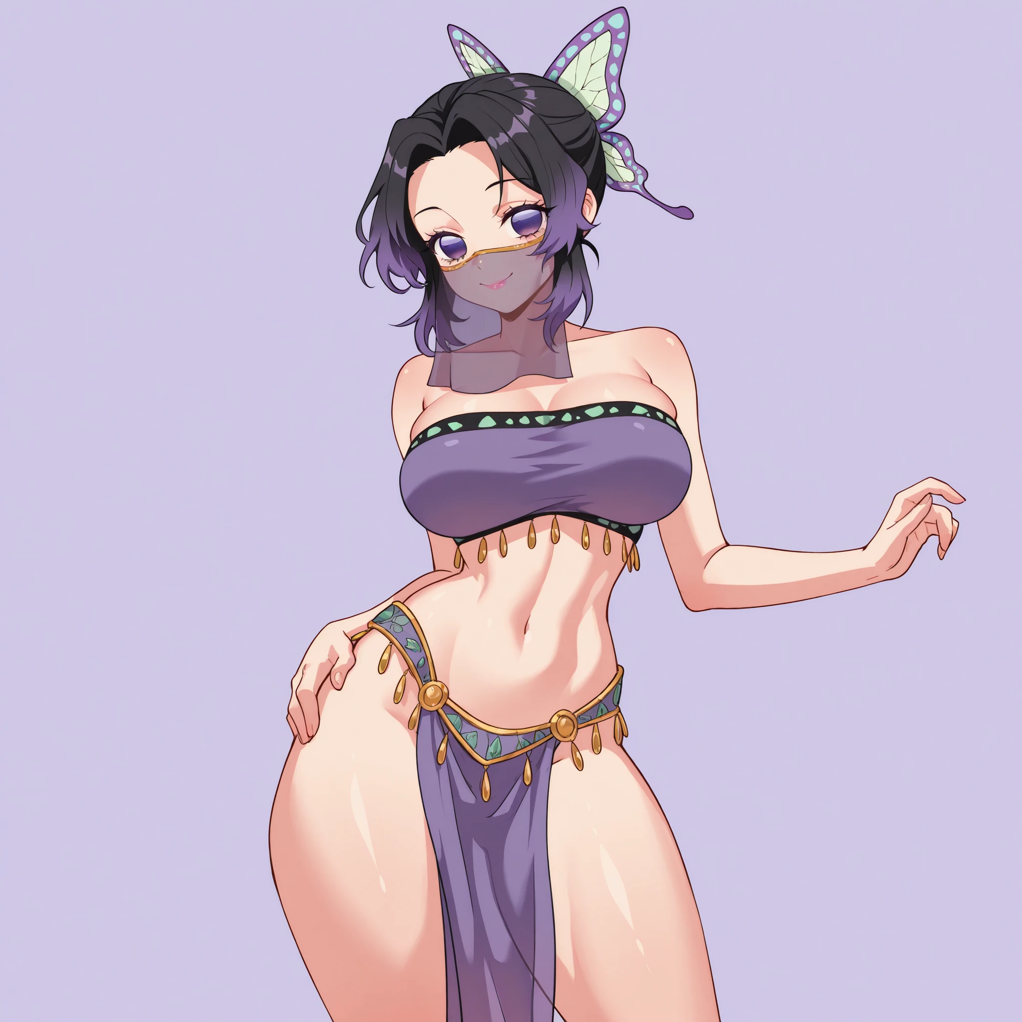 masterpiece, ultra-HD, impressionism, high detail, best quality, very aesthetic, 8K, best quality, beautiful, ultra-high resolution, 32K UHD, 1girl, solo, patShinobu, shinobu kochou, black hair, butterfly hair ornament, forehead, gradient hair, hair ornament, multicolored hair, parted bangs, ponytail, purple hair, short hair, two-tone hair, purple eyes, eyelashes, pink lips, big breasts, narrow waist, wide hips, thick thighs, shapely legs, slim, purple belly dancer suit, loincloth, purple bandeau, transparent mouth veil, jeweler's, blushed, smile, cute, hand on hips, standing, looking at the viewer, simple background, from the front view