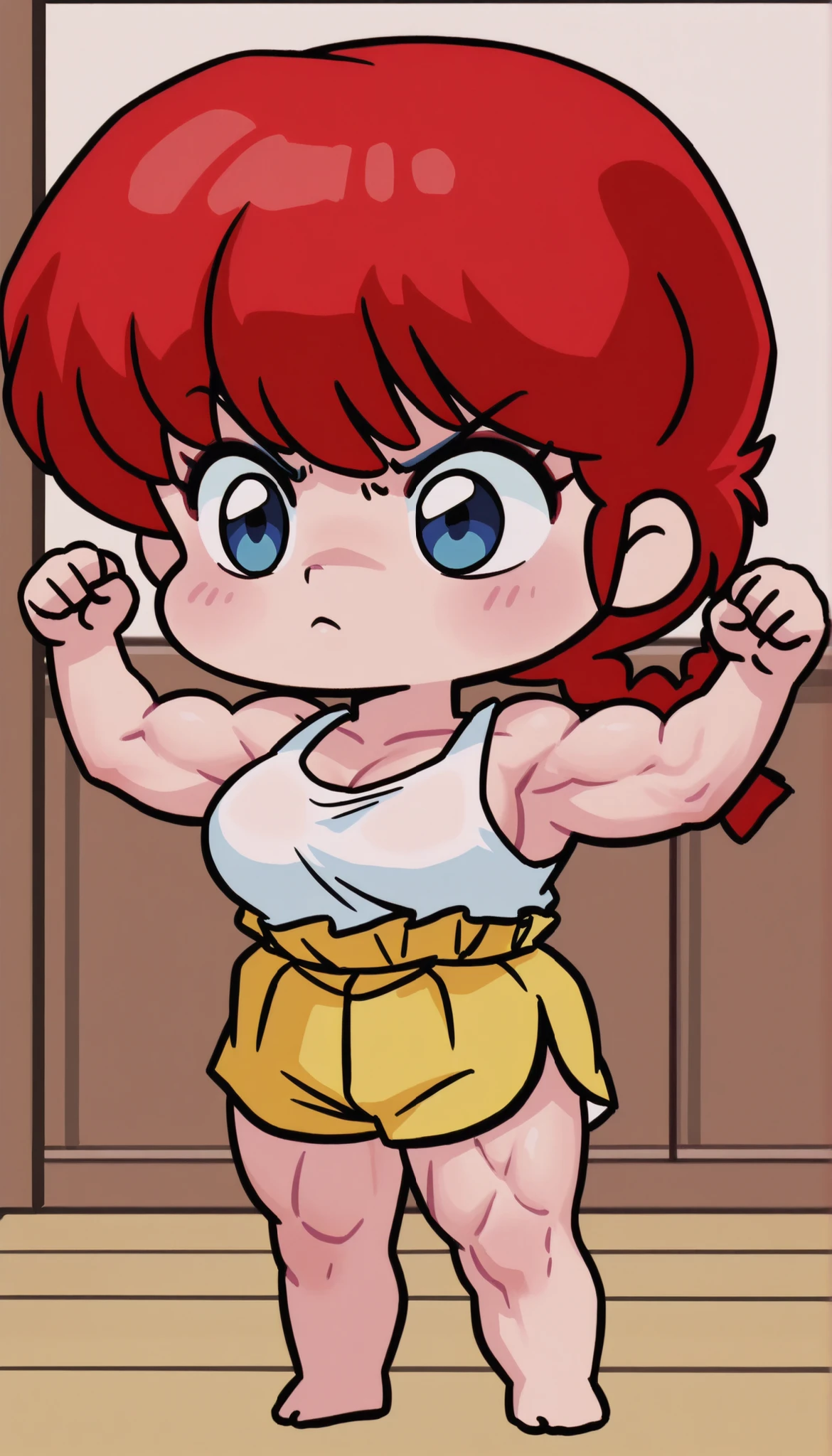 Ranma Saotome, cabello rojo, hair with a braid, blue eyes, Big breasts, NSFW,  sexy hips, sexy waist, white tank top, yellow shorts , Japanese Dojo , looking at the spectator, by day, arms raised, shown muscles, Very strong,  Super Muscles , muscular legs and arms, I would be, focused look, closed mouth, alone, without people in the background, pretty woman, Cute anime girl, blushed, standing, pose linda, imagen linda wallpaper, full body, chibi style, closed cuffs