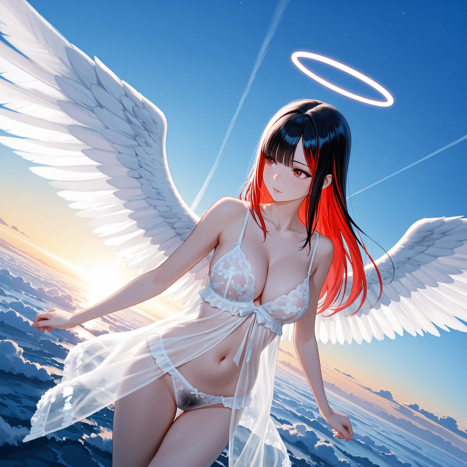 ​masterpiece、top-quality、in 8K、realperson、逼真、Highly detailed CG、shinny skin、Fully Focused、blue-sky、The Glory of God、Shining Angel、fullnude、Floating in the air