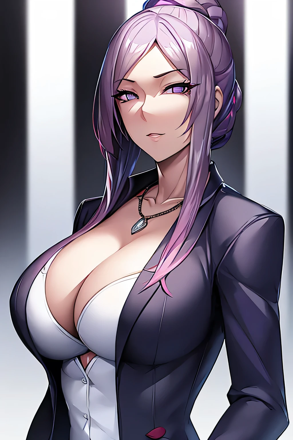 <lora:fengweier-10:0.8>Purple long hair,white coat,Low cut clothing,ruby necklace,Golden Ring,White short skirt,Black suspender socks((extremely realistic shading, masterpiece, extremely detailed, photorealistic))