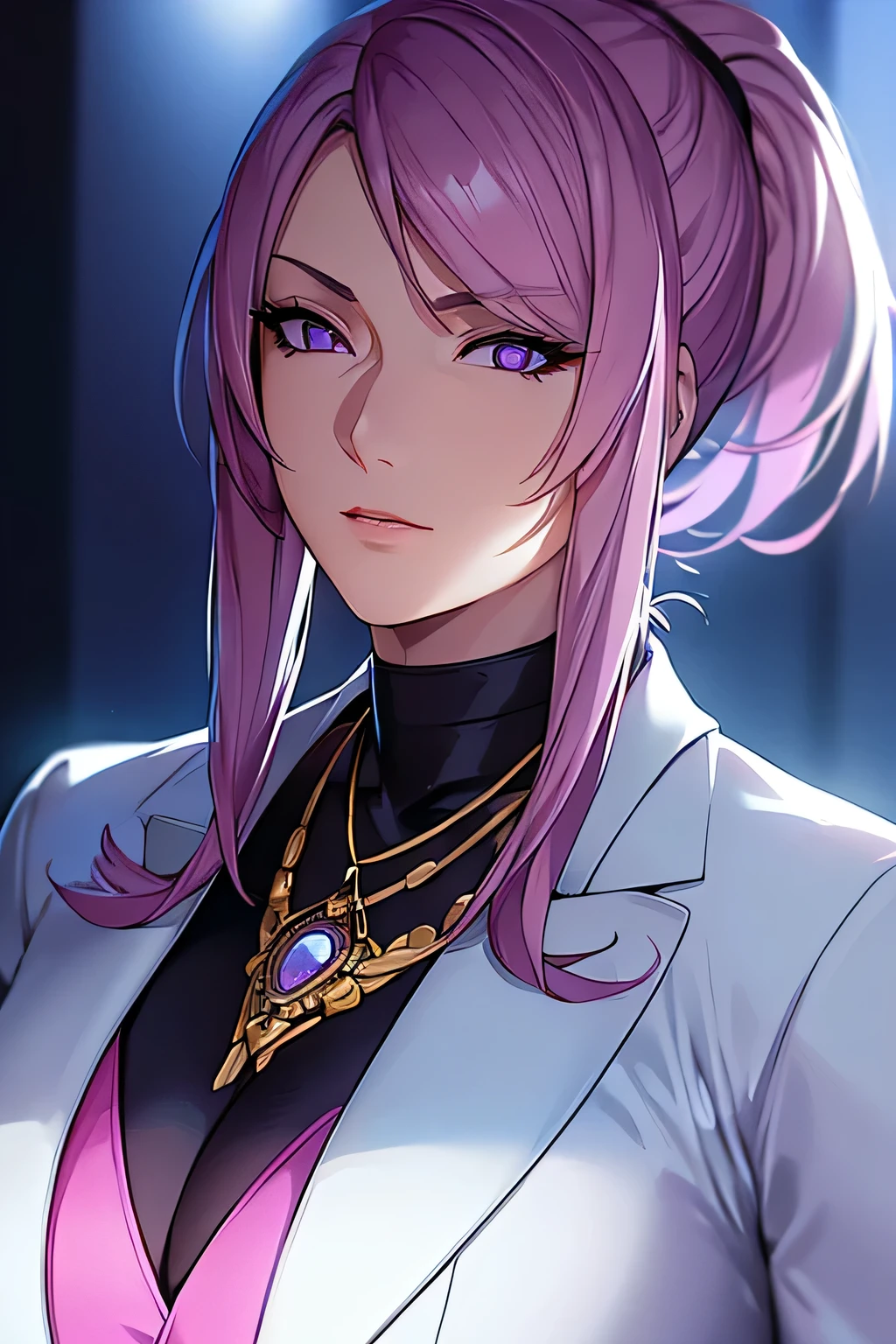 ultra detailed portrait, upper body, female editor-in-chief with light purple hair, stylish necklace and multiple accessories, confident and sharp expression, fashionable business suit, charismatic and authoritative presence, photorealistic, cinematic lighting, masterpiece, 8k, high quality, depth of field