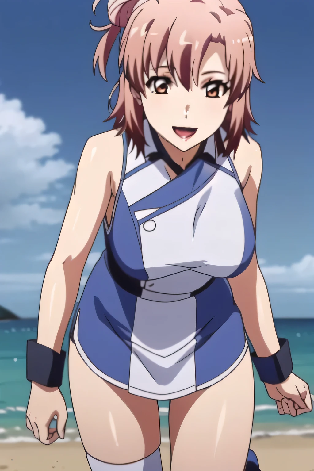 sleevelessの巨乳ミリタリーユニフォームを着たやせっぽちの女性を描けますか，can you draw a skinny woman in a blue and white women's lightweight military costume with big breasts {x} {X}，、Miniskirt，wear thigh-high stockings on both legs，boots，,brown hair，Smile Yangのヤン，A woman gazing at the ocean，、Don't trim to the top of your face，Yang's smiling human hands and feet，big breasts but thin waist，amazing thighs ，Beautiful legs，,Anime CG， Sunny，Blue Sky,Smile Yangのヤンの爆乳軍事ユニフォーム美人，  ,seen from below，Miniskirtから水色パンティが透けてはっきり見える，amazing thighs ，Beautiful legsと大きな胸を持つ美しい女性，can you draw bigger breasts？，sleeveless,Smile Yang，narrow waist even with huge breasts，Big hips,Splendid Thighs，Beautiful legs，