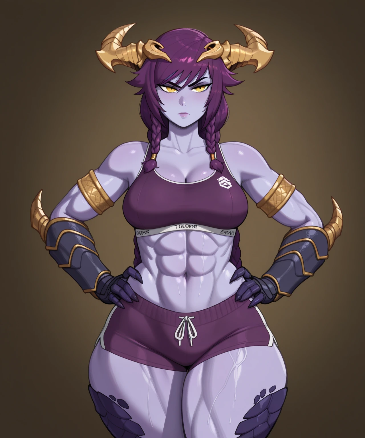 Mai Shiranui, ninomae hair, ninomae tentacles, raikou catsuit, felicia body, Yamato horns, gigantic muscular body, 4 arms, full body.