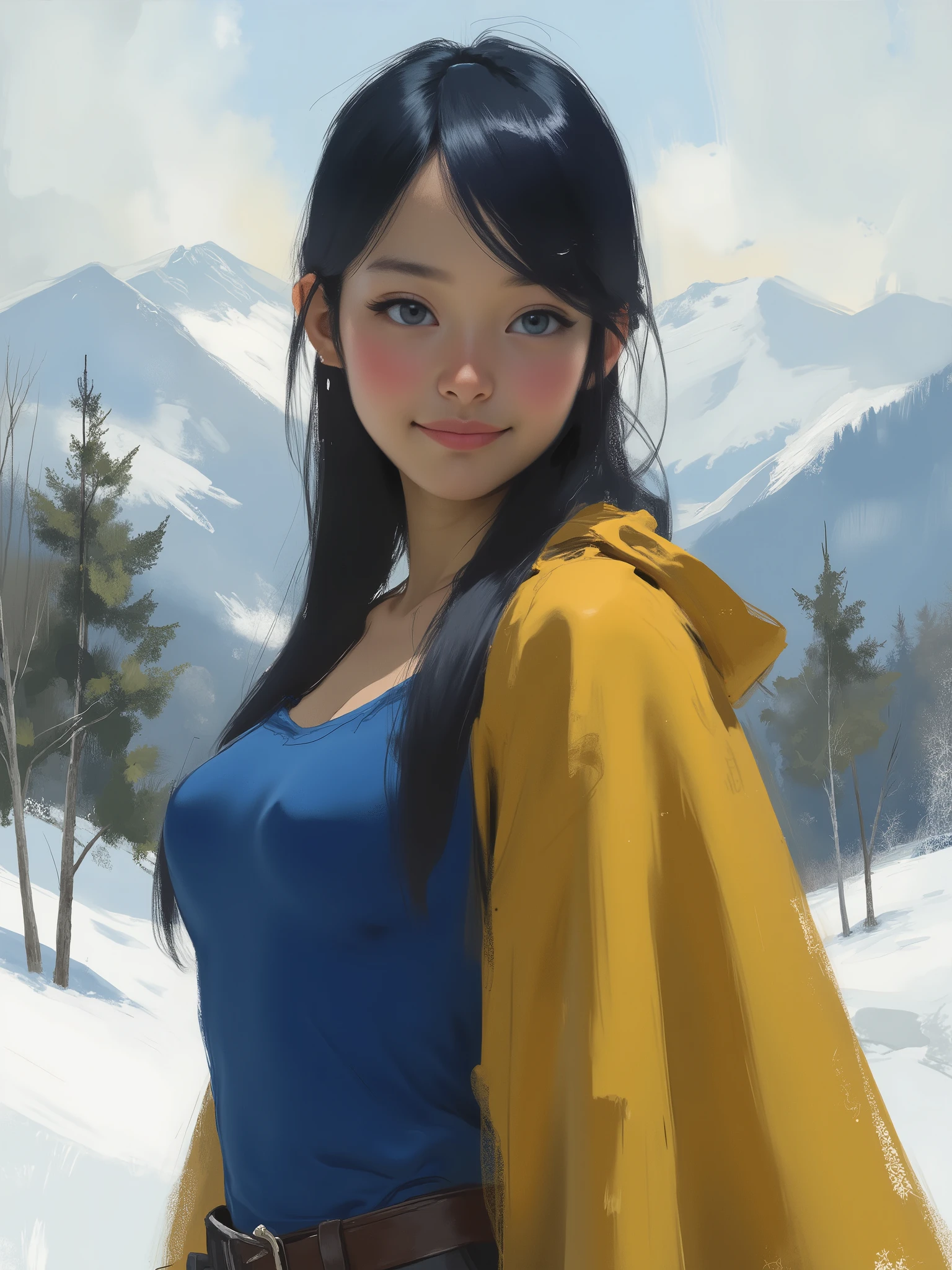 sketch painting, marinette Dopanchan, NijiEX style, A very beautiful and cute 22 year old woman with a slight smile. (((Shy smile))), sharp focus on the face, (((Extremely detailed ice-blue western eyes, beautiful eyes, beautifully detailed eyes))), (((delicately detailed thin pink lips))), (((long hair, shiny hair))), (((Light Goldenrod Yellow medieval steampunk style cape))), (((Sapphire blue medieval steampunk style sleeveless t-shirt))), (((Black medieval steampunk style leather warrior pants))), (((full body view))), (((the background is a snowy mountain range with three maple trees))). Cinematic lighting, soft depth of field, (((masterpiece/high resolution/Best Quality/top quality/high quality/UHD/16k quality))), sharp focus, no blur, film grain, bokeh.