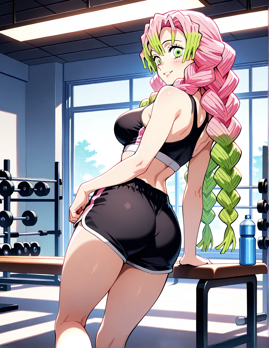 Code Geass, C.C, 1girl, (((bimbo))), long green hair, yellow eyes, ear rings, puffy lips, painted lips, thick lips, wide hips, thick thighs, small round breast, huge ass, revealing cleavage, erotic, sexy face, bubble butt, Brazilian butt lift, pink hot pants, tight pants, white top, looking back, gym, ass posing, gym, legs, squishy ass,