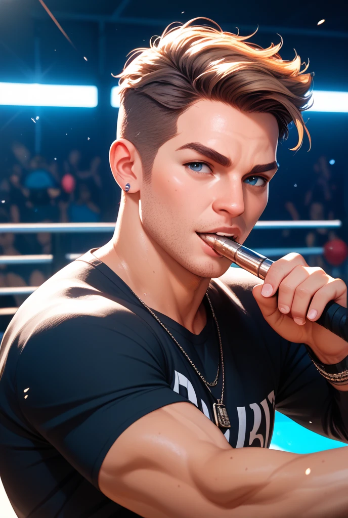 best quality, masterpiece, man with stylish hair,  another man's  shaft, dripping , looking directly at each other, muscular, club dance floor, crowd happily cheering them on, sexy, gay, homoerotic, ambient lighting, extremely dramatic shadows, best view, perfection, no watermark, no logo, no signature