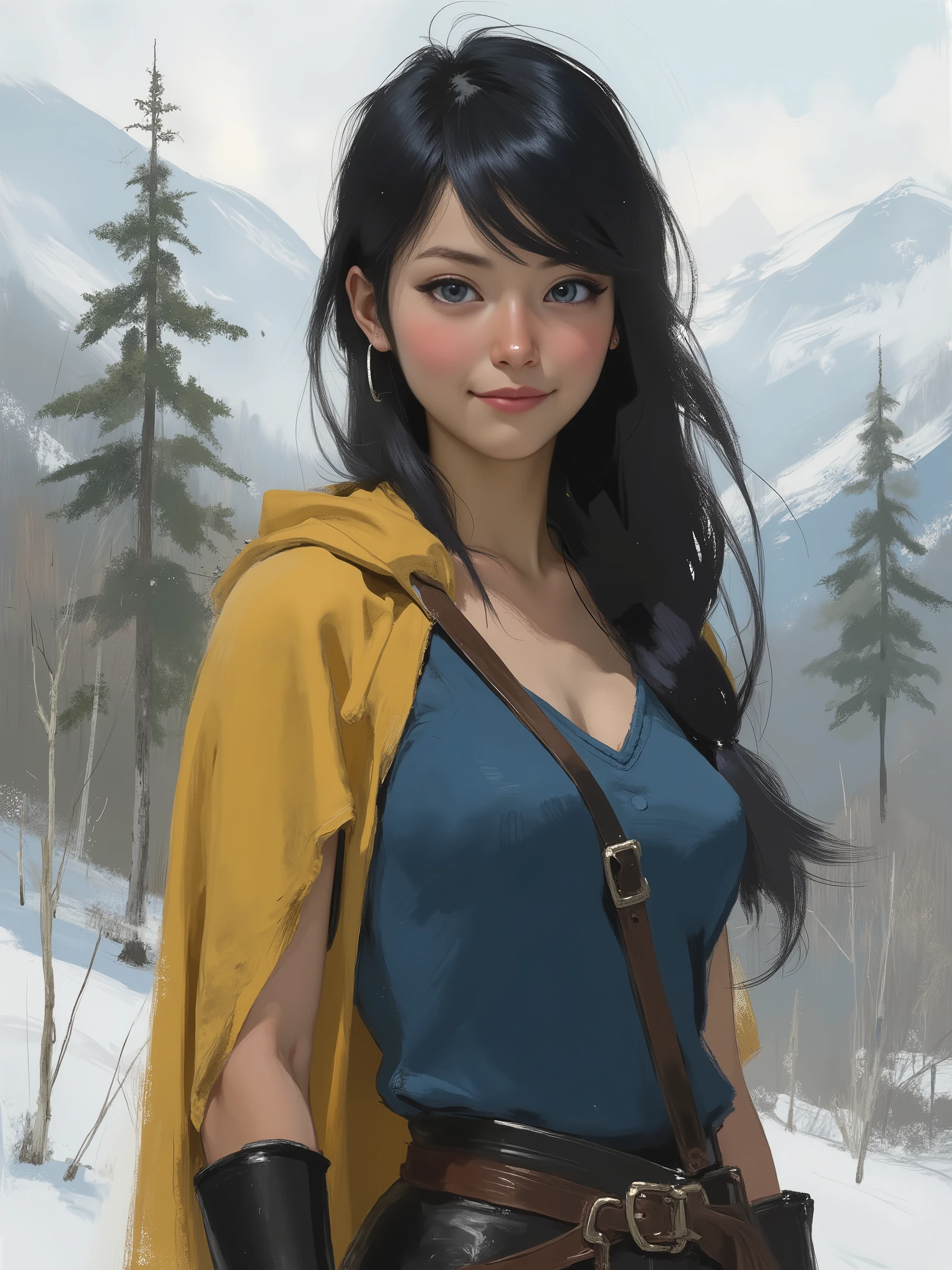 sketch painting, marinette Dopanchan, NijiEX style, A very beautiful and cute 22 year old woman with a slight smile. (((Shy smile))), sharp focus on the face, (((Extremely detailed ice-blue western eyes, beautiful eyes, beautifully detailed eyes))), (((delicately detailed thin pink lips))), (((long hair, shiny hair))), (((Light Goldenrod Yellow medieval steampunk style cape))), (((Sapphire blue medieval steampunk style sleeveless t-shirt))), (((Black medieval steampunk style leather warrior pants))), (((full body view))), (((the background is a snowy mountain range with three maple trees))). Cinematic lighting, soft depth of field, (((masterpiece/high resolution/Best Quality/top quality/high quality/UHD/16k quality))), sharp focus, no blur, film grain, bokeh.