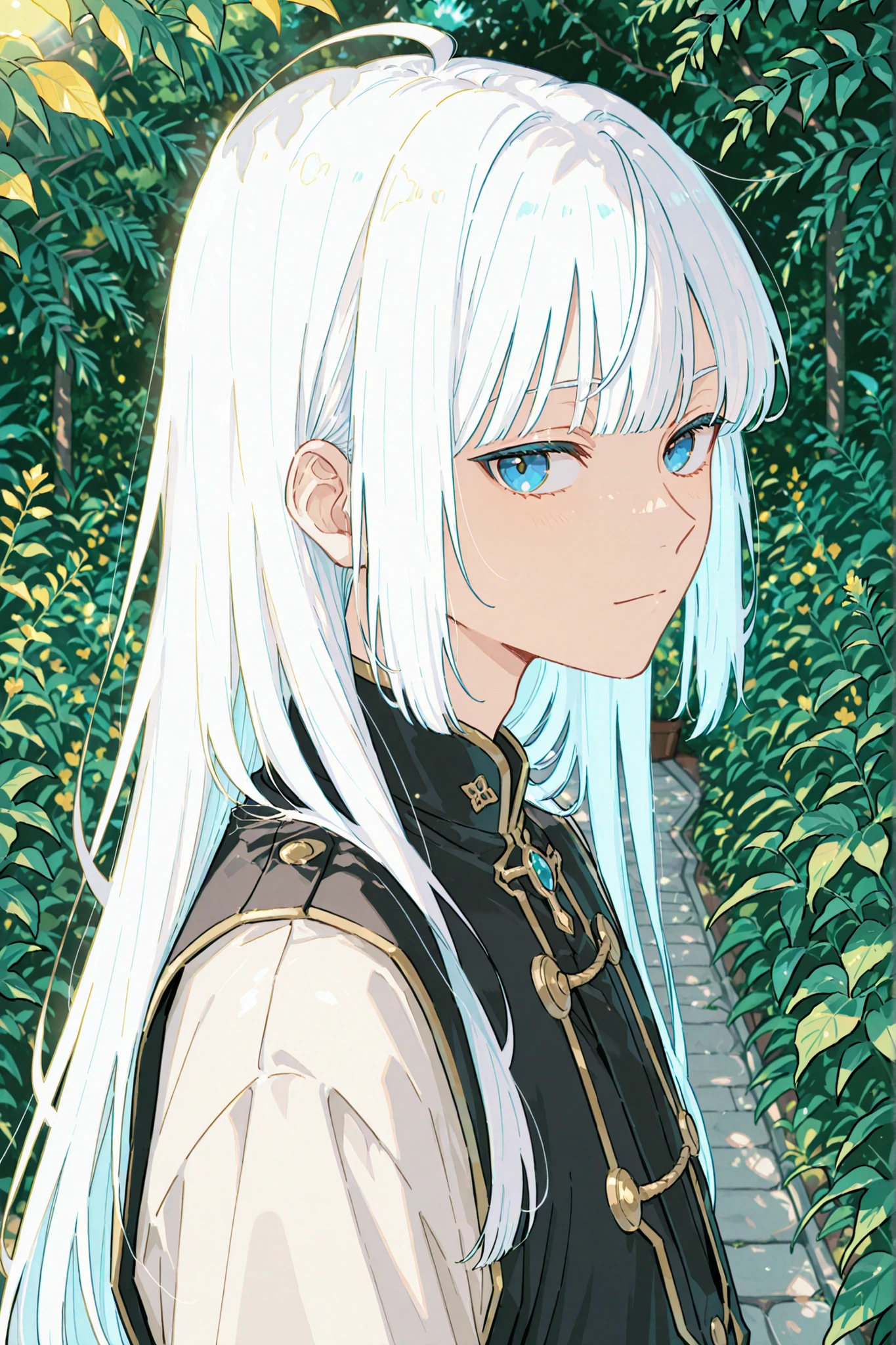 Bangs that catch my eyes slightly。white hair。I have a little yellow light in my blue eyes。The length of my hair isn't too long, not too short。 high school boy。I'm wearing a uniform from the Ombolo dorm in Twisted Wonderland。 botanical garden。