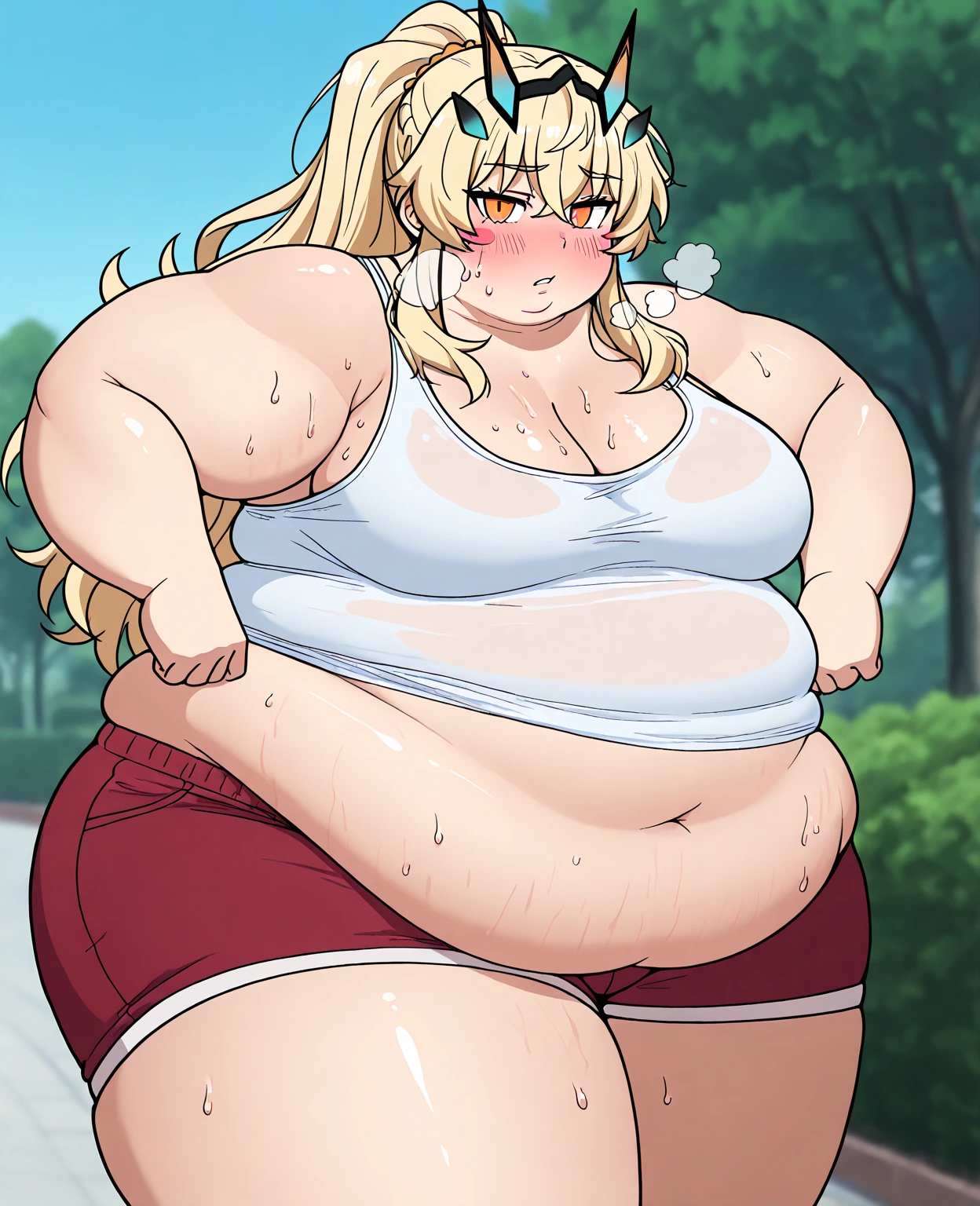 (masterpiece, best quality, high resolution: 1.4), 1girl, woman, star butterfly, horn tiara, covering with hand, looking at viewer, (((chubby))), ((plump)), underwear, in public, embarrassed, walking in public, embarrassed, people looking at her, cheeks pink with embarrassment, tears in her eyes, pink micro bikini, hands holding breasts, huge breasts, loose breasts, blue eyes, exhibitionist, pink bikini