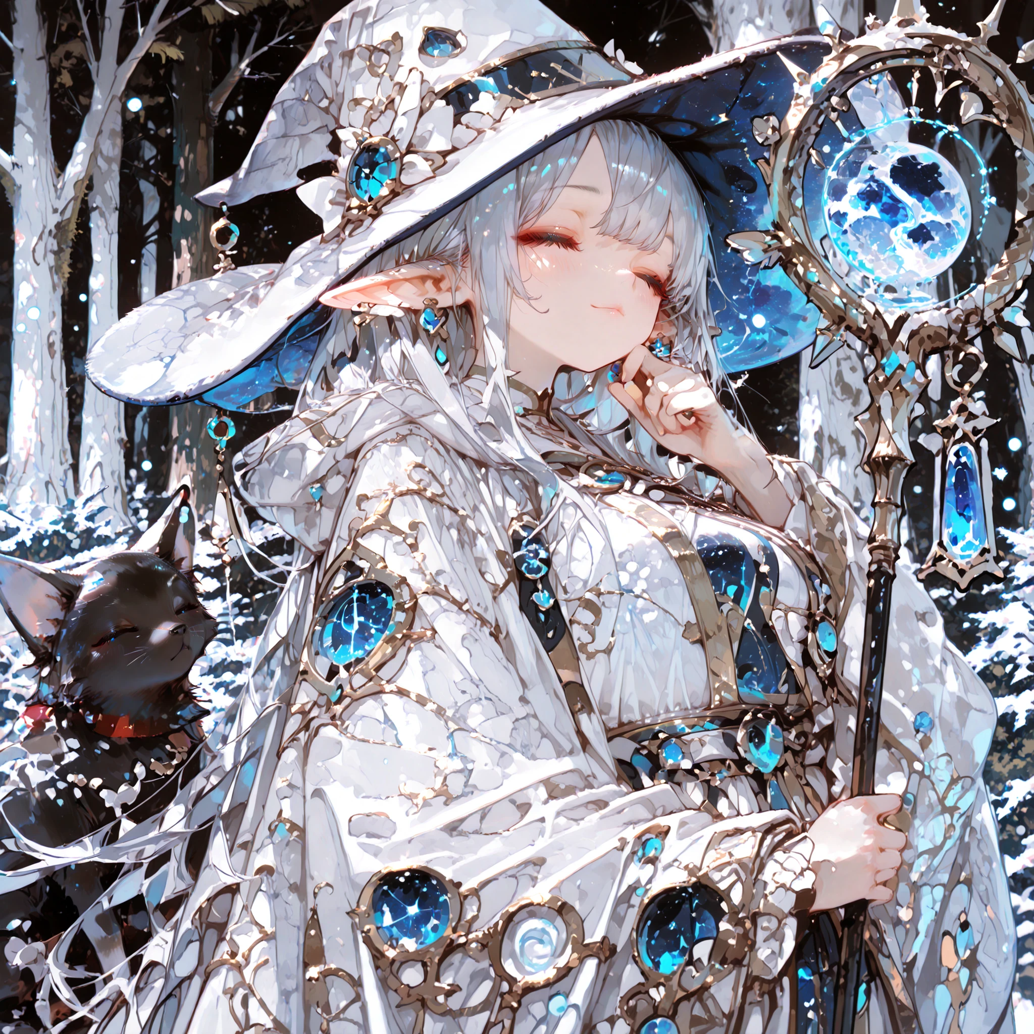 Best quality. Masterpiece. Perfect detail. Elf witch. Witch hat. Face closed up. Medium breast. Blue eyes like the deep sea. Silver hair. Natural robe. A staff. Ancient magic circles. Under the Moon. Magical forest. Grimores. Old trees.