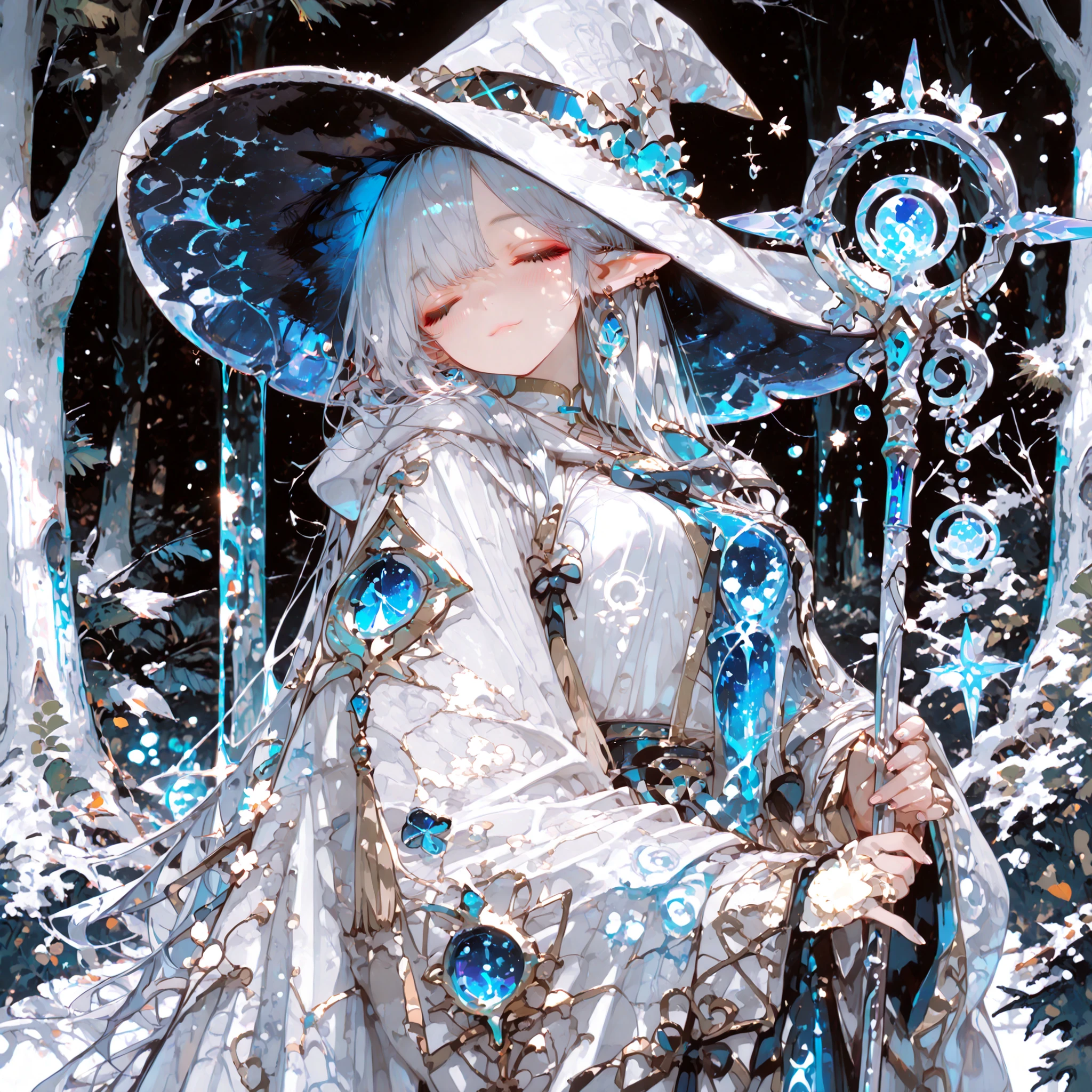 Best quality. Masterpiece. Perfect detail. Elf witch. Witch hat. Face closed up. Medium breast. Blue eyes like the deep sea. Silver hair. Natural robe. A staff. Ancient magic circles. Under the Moon. Magical forest. Grimores. Old trees.
