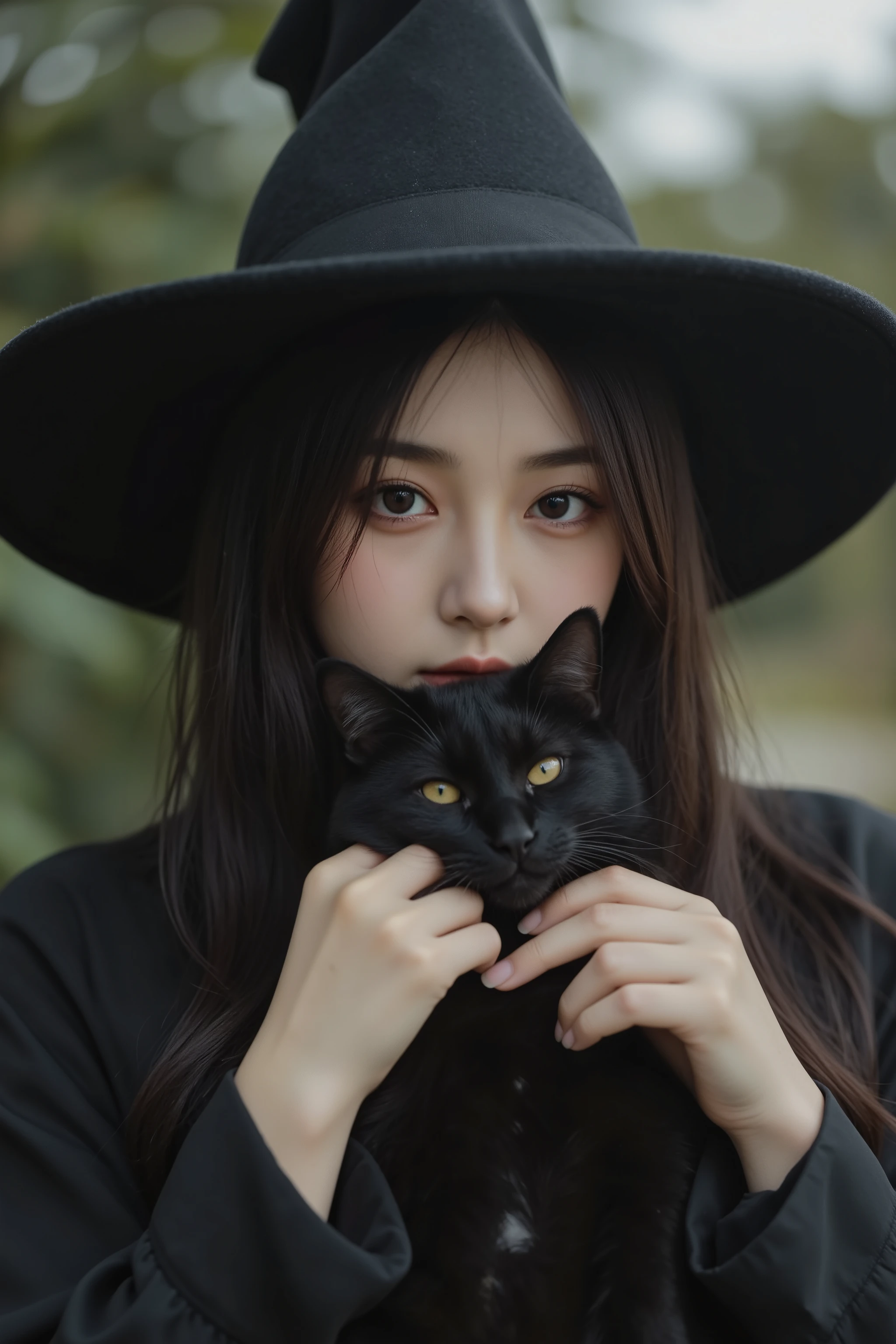 Witch Hat 、Beautiful woman holding a black cat,Fantasy,natural light,high quality,Storytelling,Portrait,Oil Paint,4k,Ultra Fine,Realistic,high resolution,HDR,Studio Lighting,bokeh,in dark tones,Deep Shadows