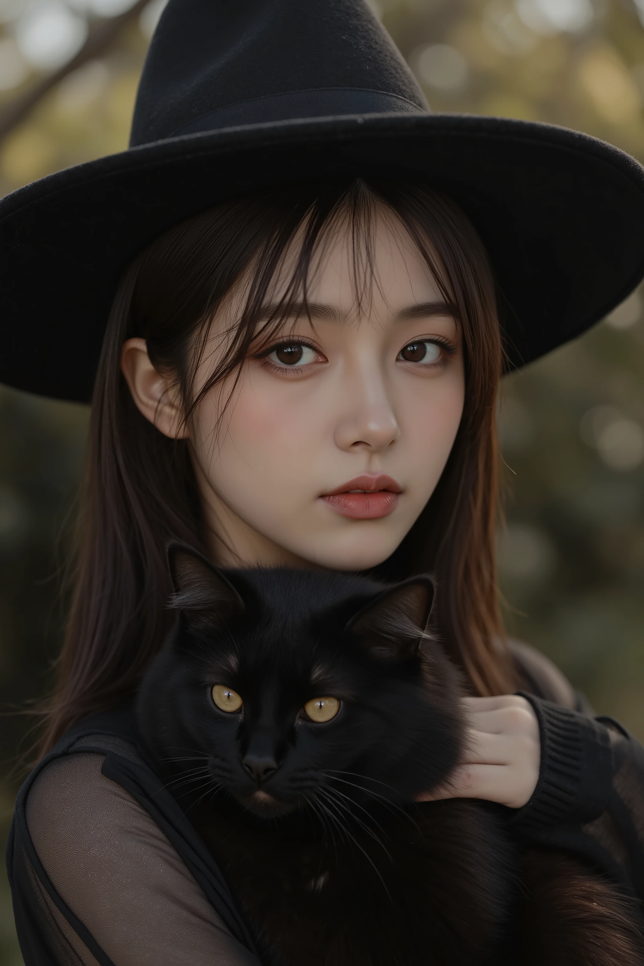 Witch Hat 、Beautiful woman holding a black cat,Fantasy,natural light,high quality,Storytelling,Portrait,Oil Paint,4k,Ultra Fine,Realistic,high resolution,HDR,Studio Lighting,bokeh,in dark tones,Deep Shadows