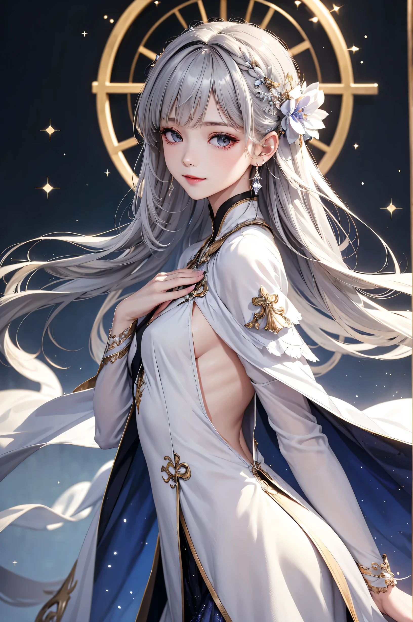 (masterpiece),(4K),high quality,(small breasts),sexy girl、Sexy Saints , Long Silver Hair ,My skin is white,smile, Beautifully detailed gray eyes, ( high-definition and elegant ),( White Capelet Fashion), magical color and atmosphere, detailed skin from sleeve to chest,(Cute sparkle), Particles of Light, The background is softly blurry , Adds a dramatic and symbolic element to the scene, Explanatory border in front of the large end, Bokeh, silky touch , see-through silk, soft, Lightweight clothing、beautiful and neat face、see-through 、 hyperdetail,creates a dreamy elegant atmosphere, (from side)