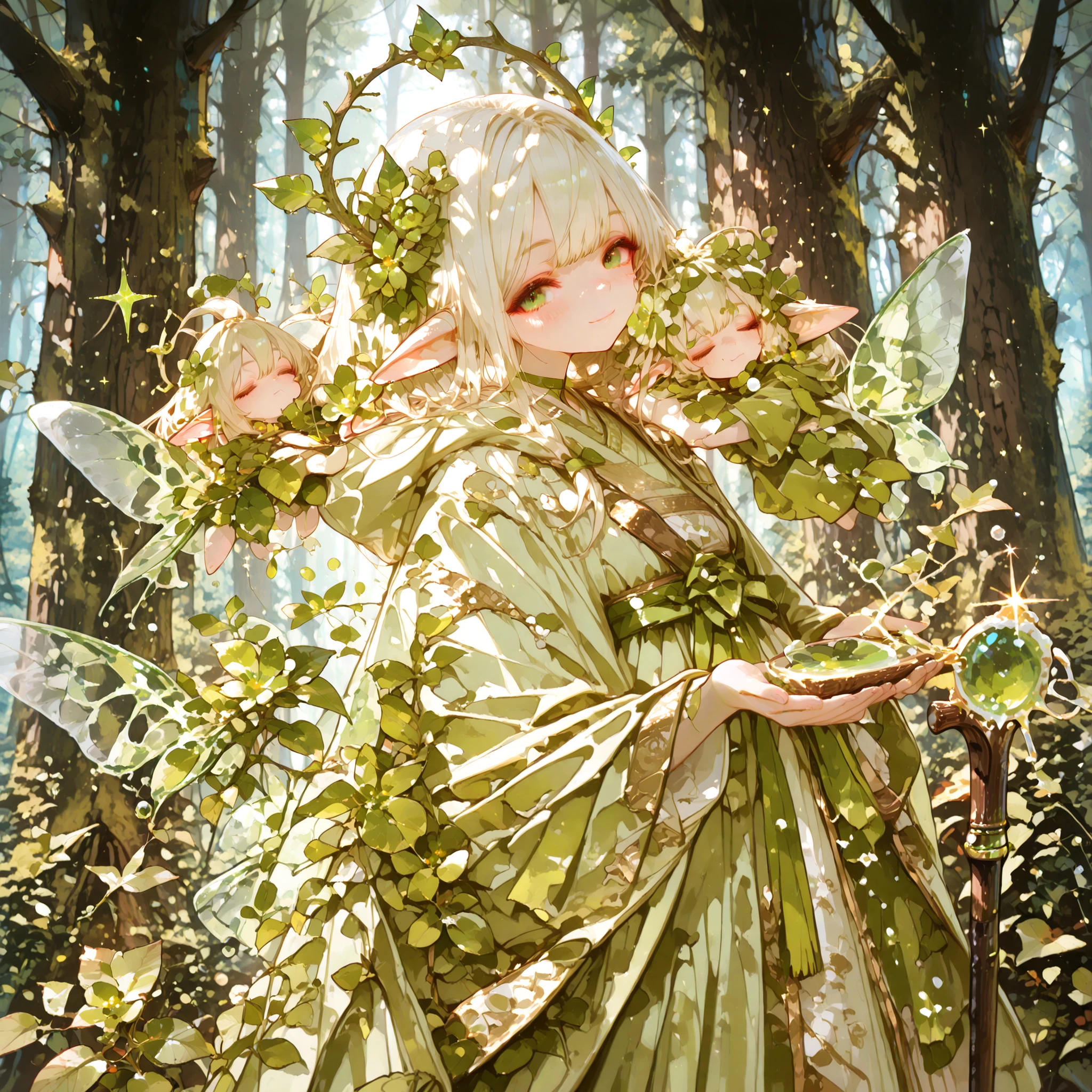 Superb Quality, Perfect Details, 8K resolution , Natural Elf Witch, Head Decorated with Flowers and Leaves, emerald eyes, Natural Linen Robe, wooden cane, Healing Magic, Forest Spirits, Sparkling Magic Powder, Sacred Ancient Forest, Warm Magical Light, Face closed up.