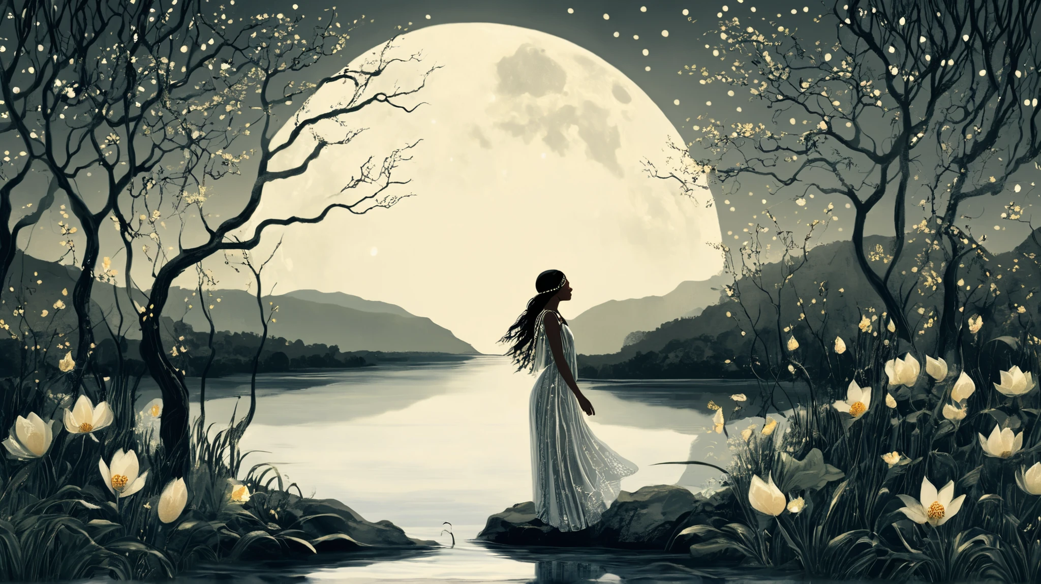 Create a magical and enchanting scene that depicts the story of Naiá, a young indigenous girl in love with the warrior Moon. The image should capture the moment when Naiá plunges into the calm waters of a lake under the moonlight. In the background, the warrior Moon should be visible, with a look of love and sadness.
The water should shimmer with silver reflections, and Victoria Regia flowers should float around, with their petals open, illuminated by the moonlight. The atmosphere should be dreamy and ethereal, with elements of nature, such as trees and stars, contributing to a whimsical and poetic environment.
Include details like colorful butterflies and small forest creatures that watch the scene with curiosity. The style should be vibrant and full of life, evoking a sense of eternal love and magical transformation.