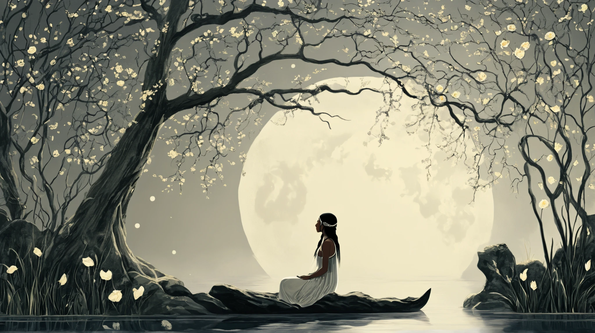 Create a magical and enchanting scene that depicts the story of Naiá, a young indigenous girl in love with the warrior Moon. The image should capture the moment when Naiá plunges into the calm waters of a lake under the moonlight. In the background, the warrior Moon should be visible, with a look of love and sadness.
The water should shimmer with silver reflections, and Victoria Regia flowers should float around, with their petals open, illuminated by the moonlight. The atmosphere should be dreamy and ethereal, with elements of nature, such as trees and stars, contributing to a whimsical and poetic environment.
Include details like colorful butterflies and small forest creatures that watch the scene with curiosity. The style should be vibrant and full of life, evoking a sense of eternal love and magical transformation.