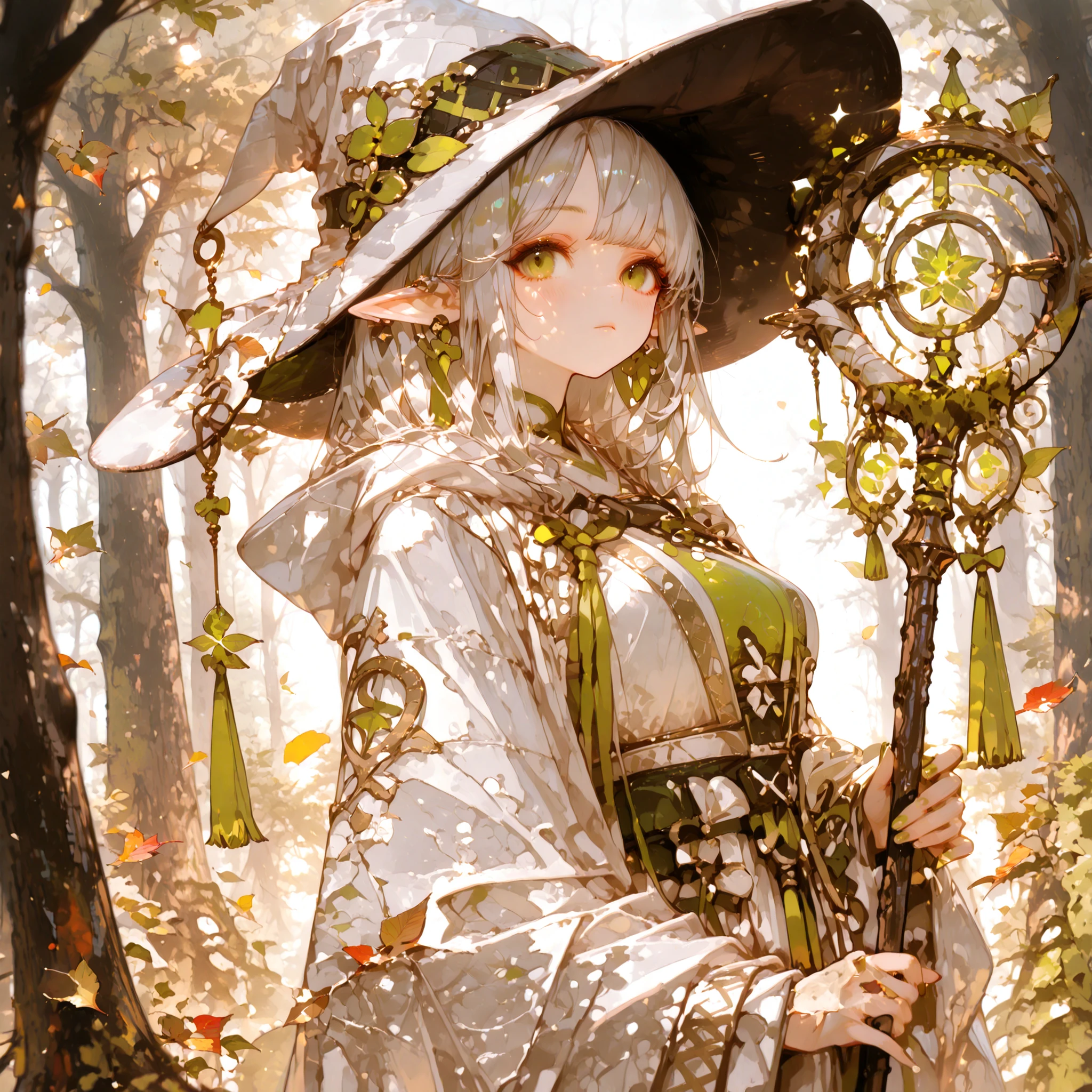Best quality. Masterpiece. Perfect detail. Elf witch. Witch hat. Face shot. Medium breast. Green eyes like leaves. Silver hair. Natural robe. A staff. Ancient magic circles. Under the Moon. Magical forest. Old trees.