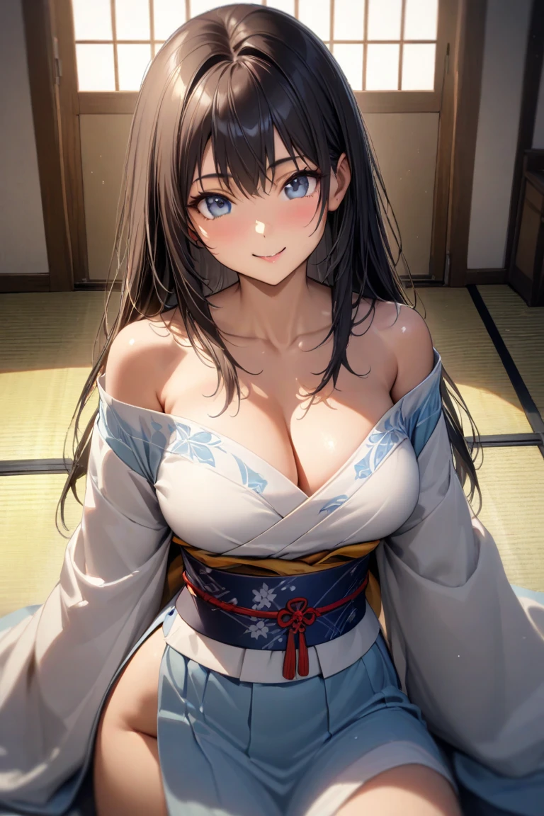 (((masterpiece, best quality))), (((superior quality))), cute girl, ((extremely detailed girl)), (huge breasts), (yukata), (bare shoulders), strapless top, slight smile