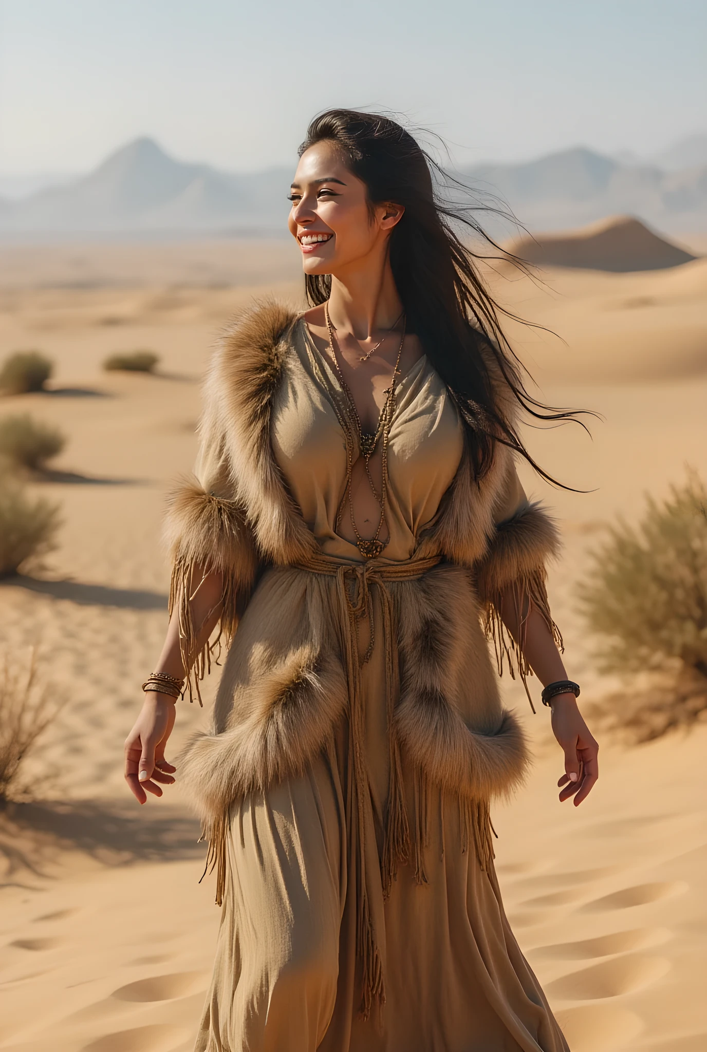 Safe Image Work, 

(Realistic ultra intricately natural landscape),during primitive Prehistoric era,smiling expression,a female primitive tribal bard,,she is wearing simple folk traditional primitive fur long tunic dress, in the desert on the scenery,she is folk dancing body motions,(perfectly busty body|cinematic dynamically environmental camera angle scenery:accurately depicted:1.3),the tribe depicting scenery,, realistically full depth,(cinematography dynamic angle|hyperrealistic:realistic scenery:3d texture over the scenery),sunny day scenery,summer season,(cinematography vibe), desert landscape in the background,(dynamic image composition),(octane 3d rendering|50mm lens shot:1.3),(lifelike skin texture:lifelike hair),(best rule of third photography composition),(best image aperture),(full details depth of field),(best shutter speed),(RAW photo image),(photorealistic|photorealism:hyperrealism style),(realistic depth 3d:cgi:1.3),(trending on cgsociety:devianart:unreal engine 5),(best photography:national Geographic style),flowerpunk artwork, digital art,best lighting concept,realistic fixed human anatomy body and hands anatomy, inspired by farcry5 game artwork.