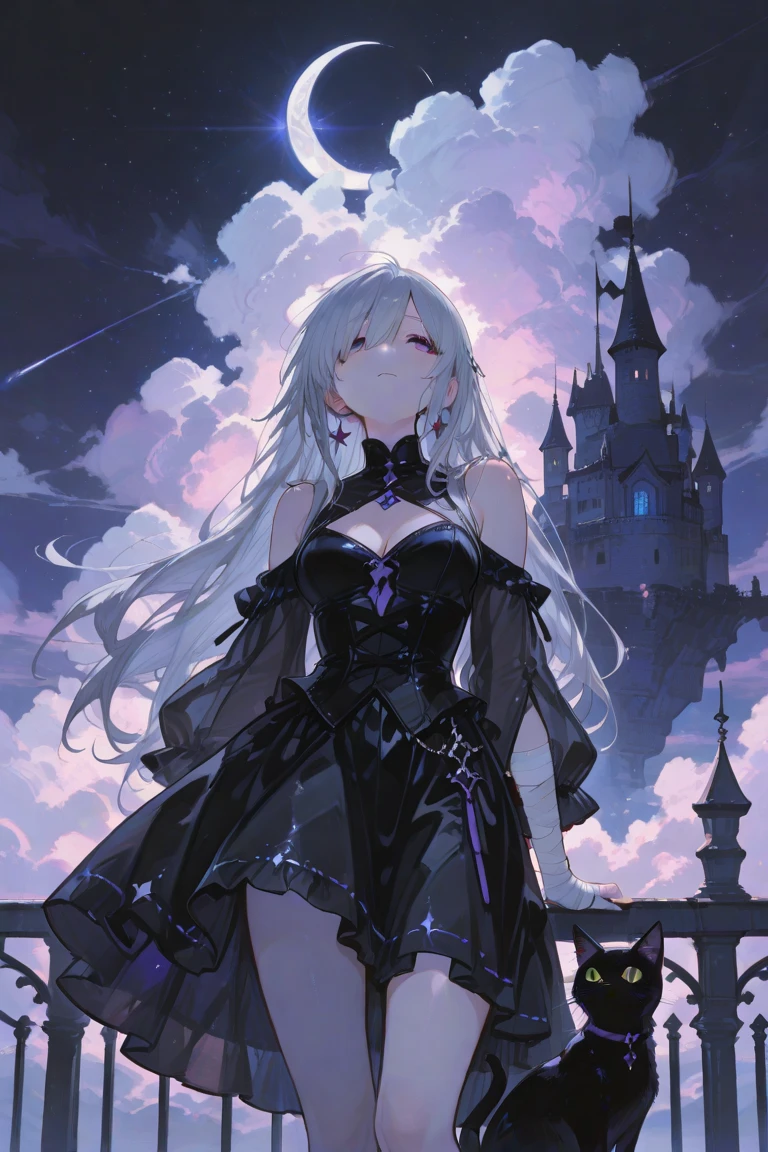 a beautiful goth woman. tall, age 35, slim, brooding. long flowing dress. background is dark, candlelight, moon through window.