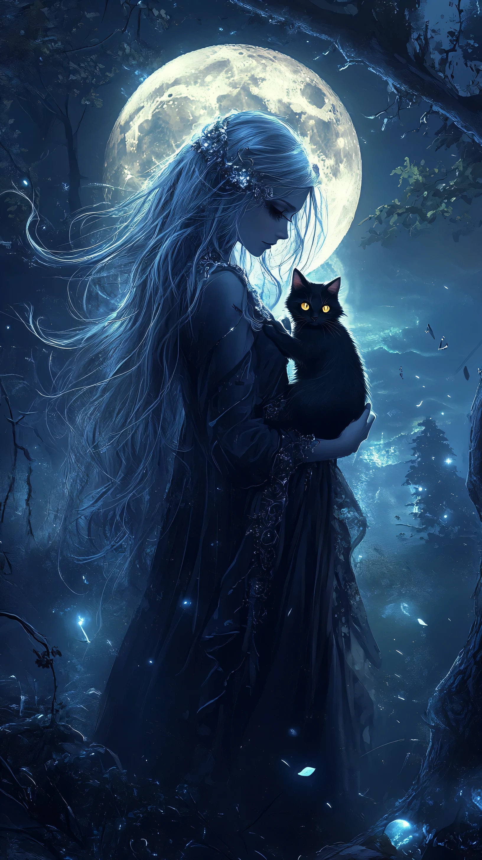 anime-style,photograph, illuminated by moonlight,A witch holding a black kitten is standing in the forest at night,The witch wears a long black robe with a silver rim,detailed fine fabric and material,Silver Hair Fluttering in the Wind,creating a mystical atmosphere,The black cat stares back with golden eyes,The background has a full moon,A misty forest spreads out Fantastic Night Scenery,close-up upper body portrait