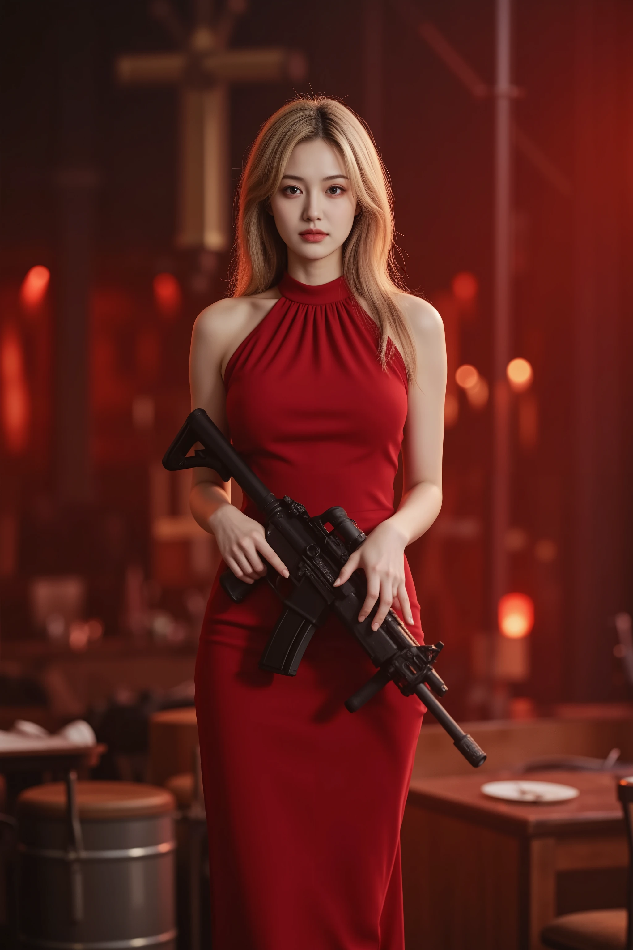 blonde Angelina Jolie in a red dress on the stage of Resident Evil、バイオハザードの舞台で、standing with a fighting expression、holding an assault rifle on the stage of Resident Evil、4K ultra-high definition photo、professional、photographic realism、EXTREME DETAILS、HDR、studio lighting、bright colors、Bokeh