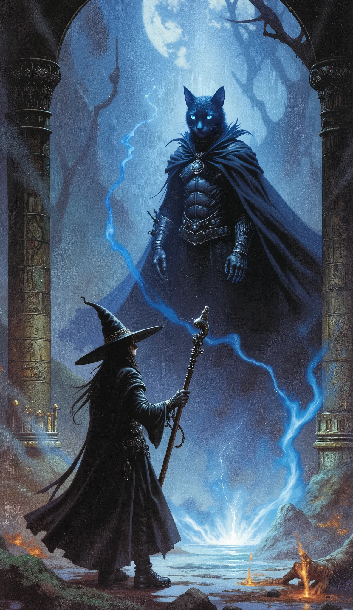 fantasy reimagining, young spellcaster with magical staff and witch hat facing transformed black cat villain in shadow armor and flowing dark cape, mystical energy swirling around them, magical runes glowing in air, dramatic magical lighting effects