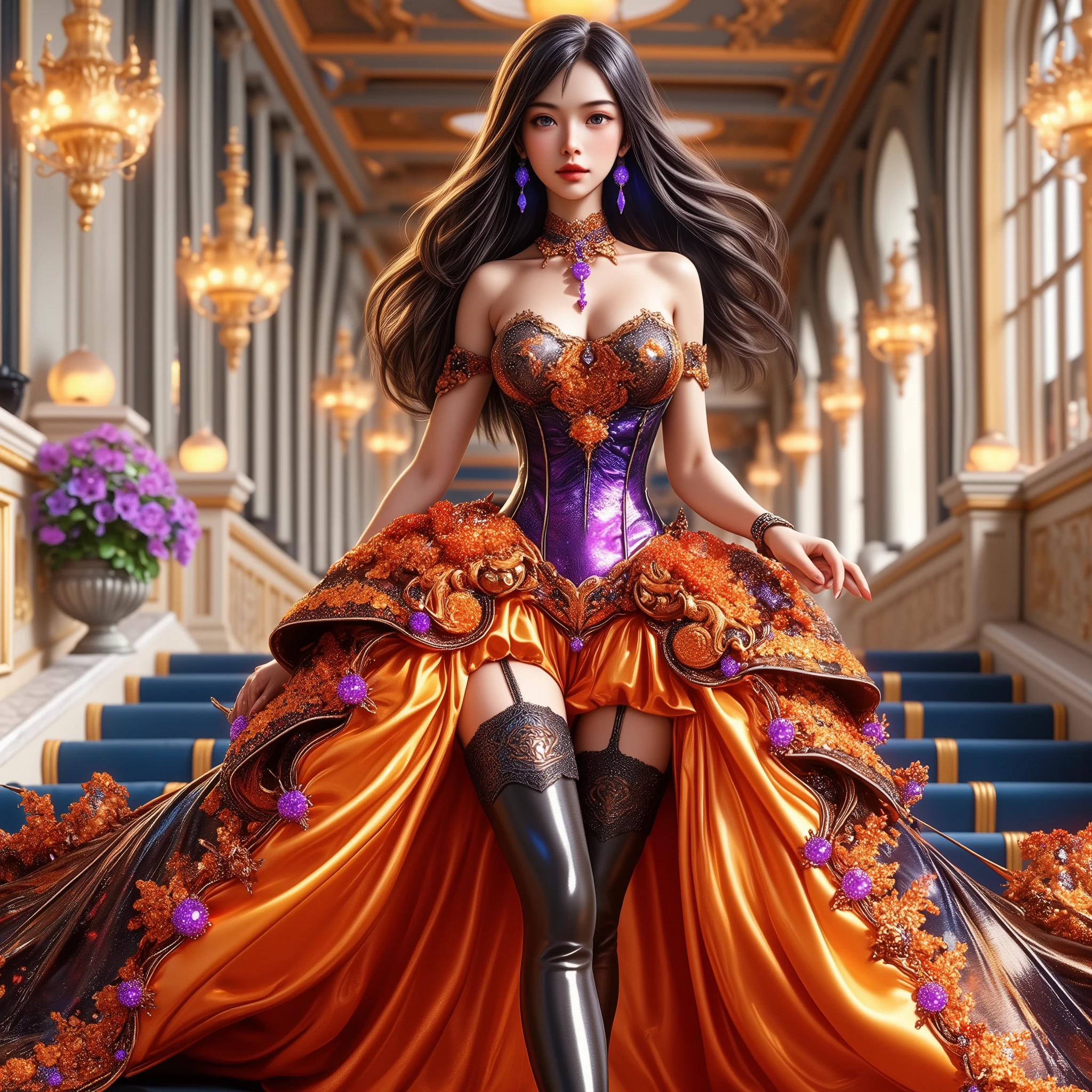 A cute girls white-skinned, blue-eyed, thin lips, Gigantic fake boobs veins, asian girls in a dress standing in front of a car, UHD, luxurious mechanism dress, ornate dress, shiny dress, sparkling dress, glossy motif dresses, elaborate fantasy dress with galaxy motif, elaborate fantasy long dress, expensive, voluminous dress, wearing a magnificent dress, fantasy dress, beautiful digital artwork, luxurious dress, beautiful fantasy empress, wearing ornate clothes, wearing a dress made of beads and carbon fiber, photo with very sharp details, best quality:1.2),,(8k,highres,RAW photo,realistic,photo-realistic:1.3),(detailed skin texture,detailed cloth texture,detailed flame texture, beautiful detailed face:1.25),professional lighting,photon mapping,beautiful soft light,radiosity,physically-based rendering,raytracing, model shoot style, model shoot style, (extremely detailed CG unity 8k wallpaper), full shot body photo of the most beautiful artwork in the world