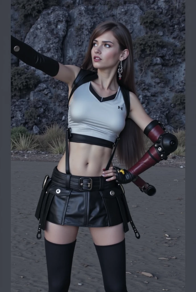 ((best quality, (masterpiece), photorealistic, photorealism, Photorealistic, high resolution)), 1girl full body, aiming with an assault rifle,squatting ,open legs, Combat pose, a bit chubby, (Detailed face), (wearing rash-guard likes police uniform, gloves, black and grey mecha, wearing futuristic-headset, ((black skirt)), ((colorful laced panties)),military harness, holding a machinegun, carrying hich-tech-launcher), background grey wall, Fingers are occluded,from below