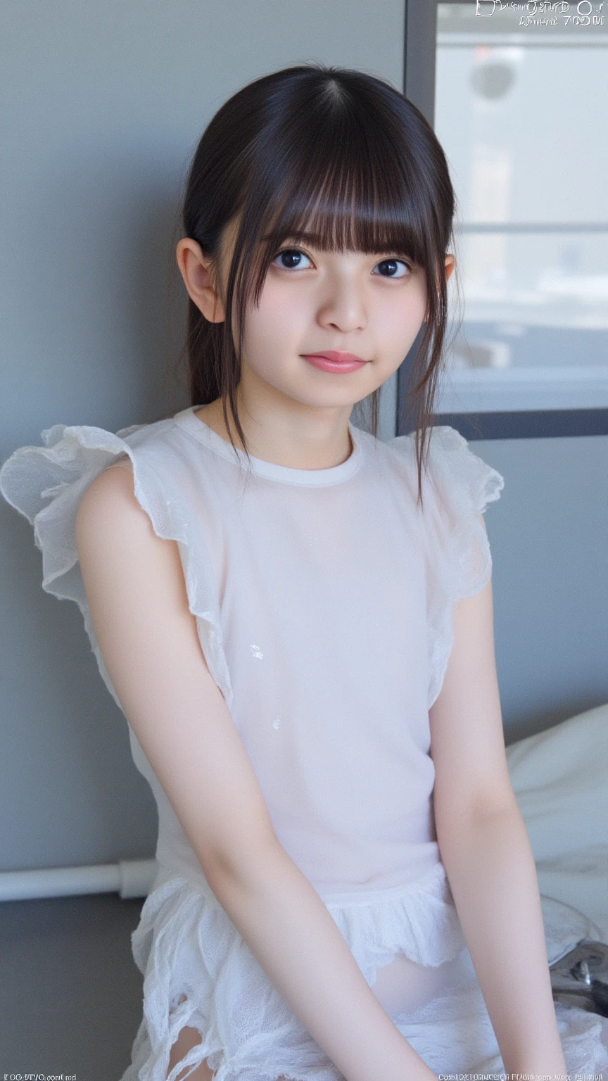 Japanese,Beautiful 6 years old,Baby Face、Upper body image、Ultra-flat chest:1.85、Ultra short height、An innocent smile、Flat Chestのクローズアップ、Flat Chest:1.85、cute,Primary school students,clavicle、Primary school studentsの私服、Summer clothes、So small and so young、On the bed:1.85、She has her arms open wide waiting for a hug:1.85、Big frilly ribbon:1.85、Strong motherhood、Ultra-flat chestの乳首:1.85