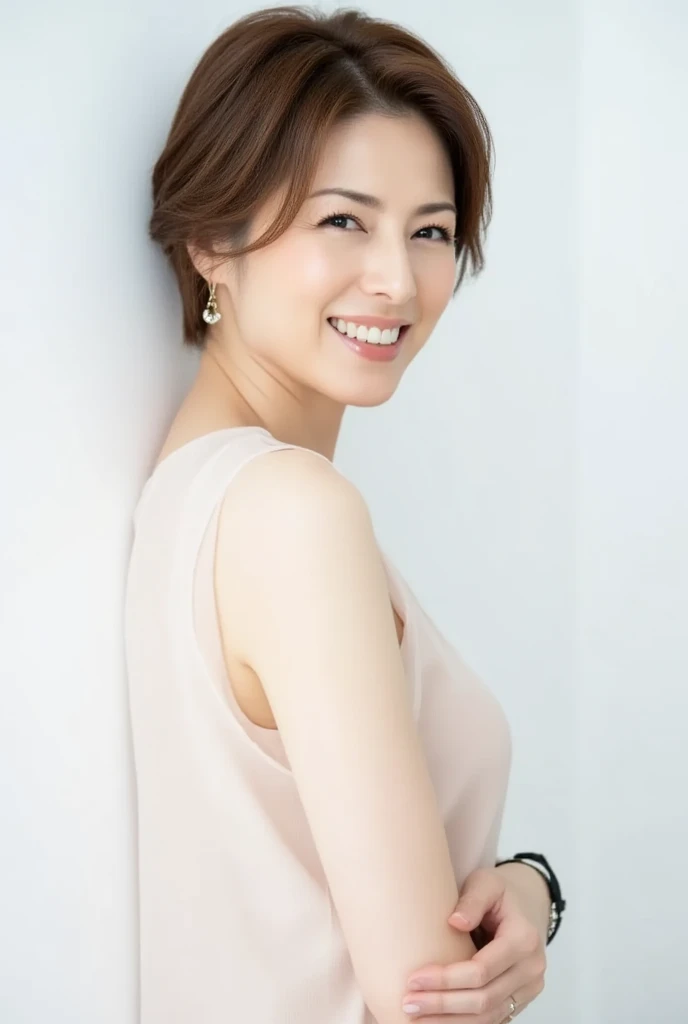 8K, Highest quality, masterpiece, Realistic, Realistic, Very detailed, Natural light, Shapely large breasts, Her cleavage is visible, 1 Japanese female, 45 years old, Black Hair, short hair, Straight hair, (Look up at the viewer from below),Disheveled V-neck shirt, Very detailedな顔と肌, Very detailedな目, Very detailedな顔と肌,Bright smile,A big smile,indoor,Natural Makeup