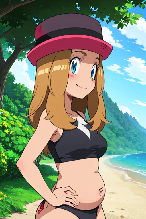 obra maestra, Mejor calidad, high resolution, al aire libre, 1 chica, Solo, serena (pokemon), sombreros rosas, bikini, microbikini, bikini negro, ropaajustada,, hombros descubiertos, mirando al espectador, embarazada, pregnant, sonrisa timida, rubor, senos medianos, pechos femeninos, sonrisa, manos en las caderas, de perfil, cuerpo de lado, acostada en la arena, lentes de sol, playa, fondo de playa, womb tatoo, sonrisa picara, mirada sugerente.