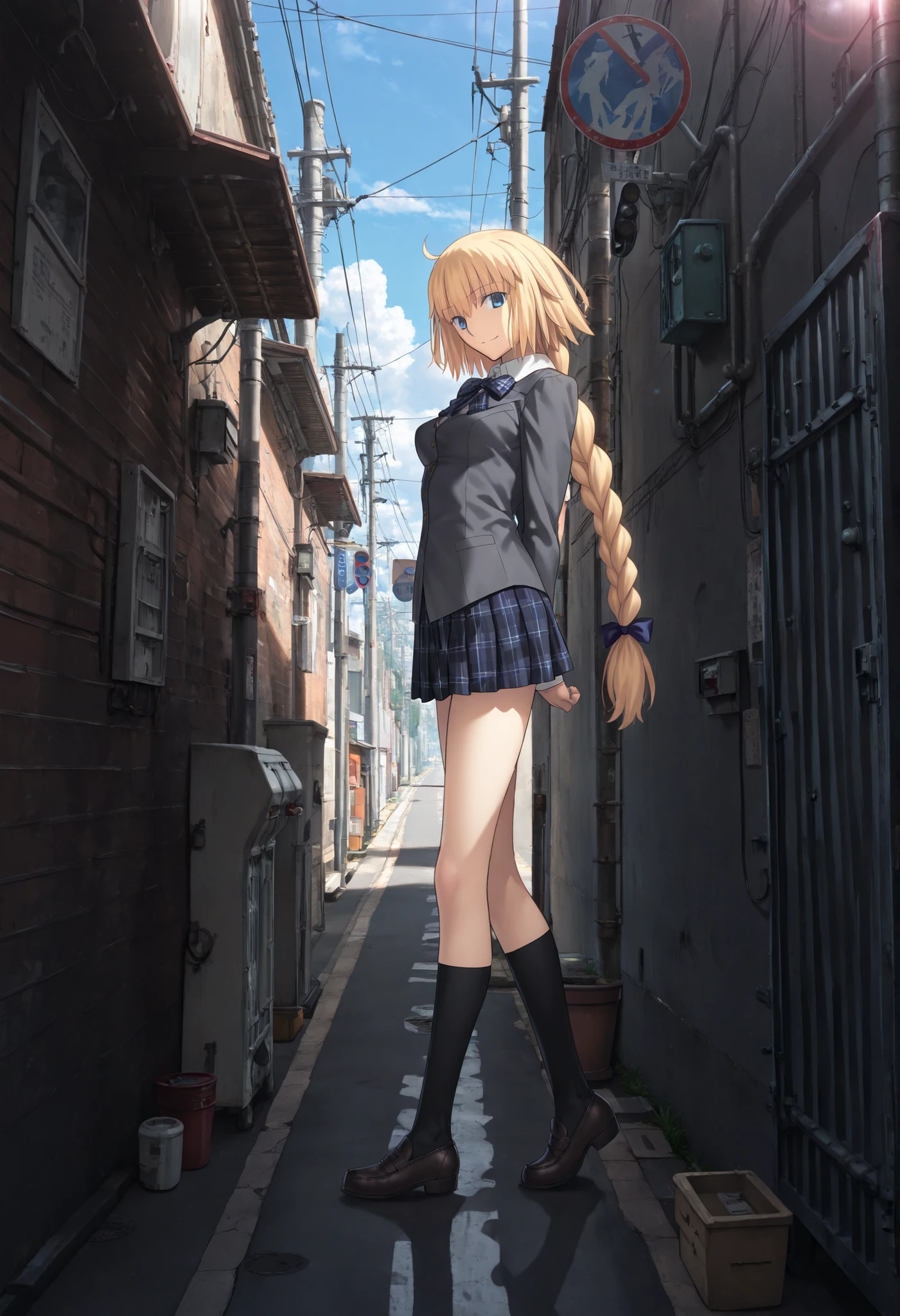 masterpiece, , absurdres, highres, detailed background, high resolution, masterpiece, necessary, detail, best quality, quality, necessary, details, High details, Precise,((close up face:1.2)),(, from side), outdoors,((((edge of Alley ,tokyo)))),day lens flare, (),blue sky,(utility pole, power lines ,sign ,road sign ,lamppost ,,motor vehicle ,vanishing point,),
1 tall girl, detailed, Takeuchi Takashi (type-moon,tsukihime) style, takeuchi takashi style,(aged up), light skin, , arched back,(long legs), (arms behind back), light smile ,
tall girl, slim arms, jeanne d arc, \(fgo\), blue eyes, (), jeanne d arc, blonde hair, medium hair, big single braid, ((very big braid, huge braid)), (seifuku, dark gray blazer ,white collared undershirt), plaid neck bow, long sleeve, detailed black pleated skirt, (small breasts), looking at viewer, head tilt, loafer , black sox,