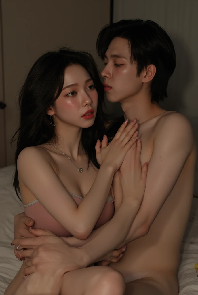 Fille magnifique, Beau, baby face, 20 ans, asiatique, peau blanche, seins colossaux, look sexy, Oeil marrons, Muscles, ;artwork, photo de tout le corps, cheveux rose, naked, hugging a man kissing her neck