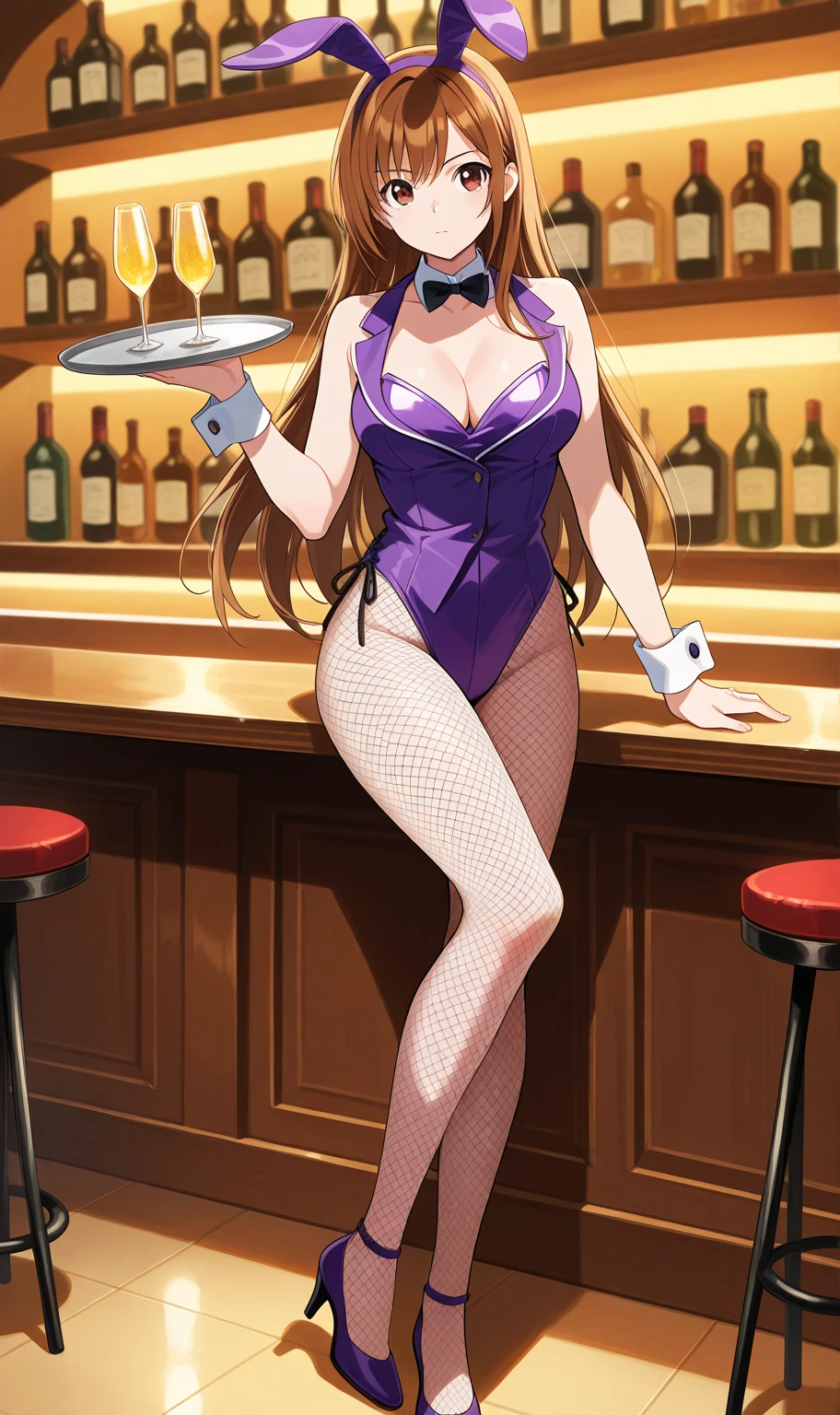 best quality, masterpiece,1girl, 1girl, medusa (rider) (fate), medusa (fate), breasts, pantyhose, animal ears, long hair, solo, rabbit ears, cup, playboy bunny, purple eyes, fishnets, purple hair, facial mark, fishnet pantyhose, forehead mark, large breasts, wrist cuffs, leotard, detached collar, drinking glass, very long hair, cleavage, fake animal ears, wine glass, bow, bowtie, forehead, bare shoulders, looking at viewer, alcohol, sitting, wine, bottle, strapless, holding, wine bottle, bangs, parted bangs, white leotard, highleg leotard, holding cup, open mouth