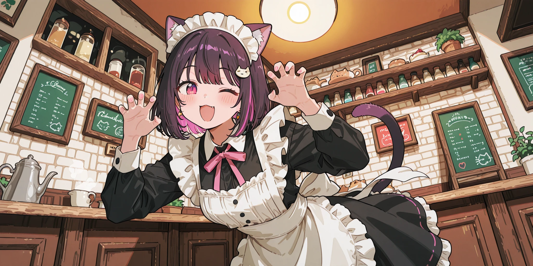 (ruri gokou), 1 girl, Long Hair, Black Hair, Hime cut, Maid clothes, Cat ear, Anime Style, (Apron skirt), Midi Skirt, stockings, comiket, table, chair, book, indoors, photo background, indoors,
