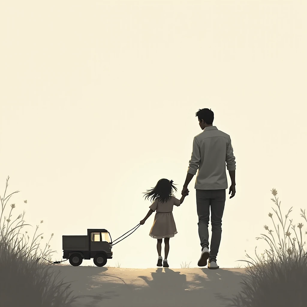 Imagine a cartoon drawing with an aged effect, with soft colors. The newlywed couple, ride on a vintage blue two-seater bicycle. The man is cinnamon skin, Without beard, delgado, with beige suit, He wears a brown tie. The woman, with a white wedding dress and long brown hair. in front of a bicycle with a basket, there is your little son, In a light blue suit, wearing a bow tie and suspenders. All with a happy expression. The white background.