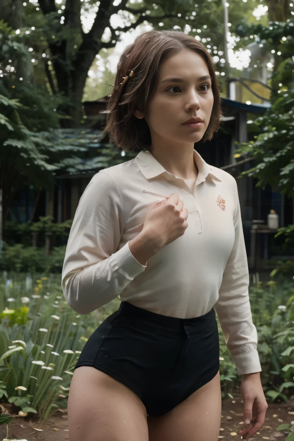 (masterpiece, highest quality), 1 girl, beautiful face, beautiful body,  wearing a Black gymnastics bloomers, High leg、white blouse,    cowboy shot、Are standing、full body portrait、alone, complex details, enlarged textures, complex details, finely detailed eyes and detailed face, intricate details, (closed mouth), perfect eyes, equal eyes, perfect body, extremely detailed, (), extremely realistic 3d,In a dark forest、